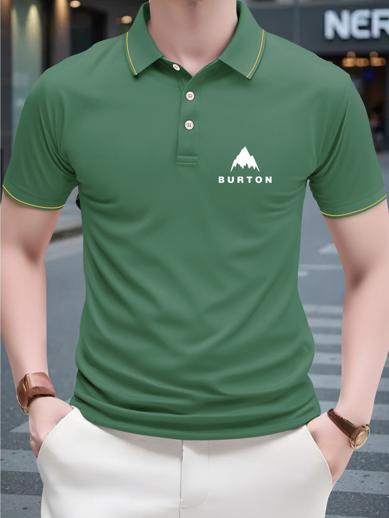 1pc Burton Men's Shirt - 230g Breathable Polyester, Light Beige-Friendly Soft, Geometric Mountain Logo Print, Green with White Collar & Yellow Trim, Regular Fit Short Sleeve for Golf & Casual Outings, Summer Apparel, Classic
