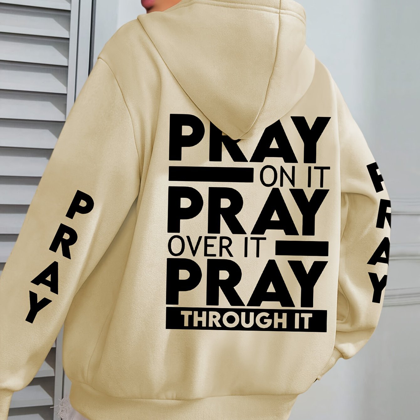 Plus Size PRAY Print Kangaroo Pocket Hoodie - Cozy Casual Long Sleeve Drawstring Sweatshirt with Relaxed Fit for Spring and Fall, Soft and Breathable Fabric, Women's Comfortable Plus Size Clothing