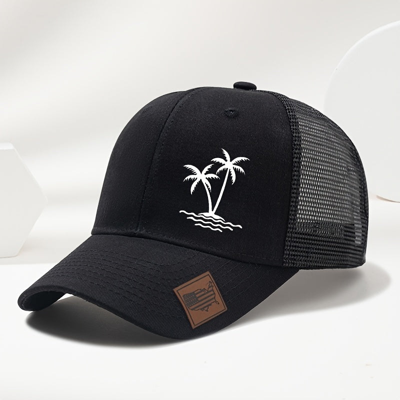 Sports Outdoor Sunshade Fashion Coconut Tree Pattern Print Exquisite Small Faux Leather Badge Hard Top Baseball Cap Hip Hop Duckbill Hat Casual Versatile Fashion Mesh Cap Men and Women Universal Outdoor Party Truck Driver Hat