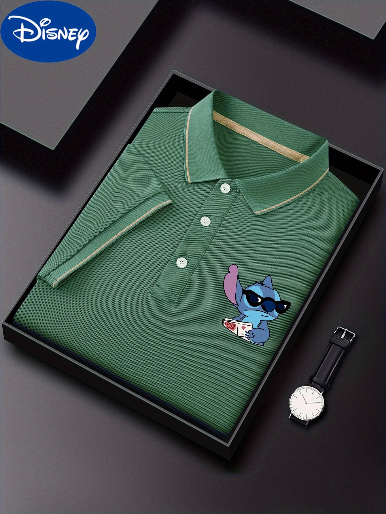 Disney Stitch Cool Glasses Print Short Sleeve Polo Shirt, Premium Business Casual, Short Sleeve Color Blocked Collar Design, Lightweight Polyester, Quick Drying and Breathable Golf Shirt, Polo Shirt, Displayed in Gift Box, Fa