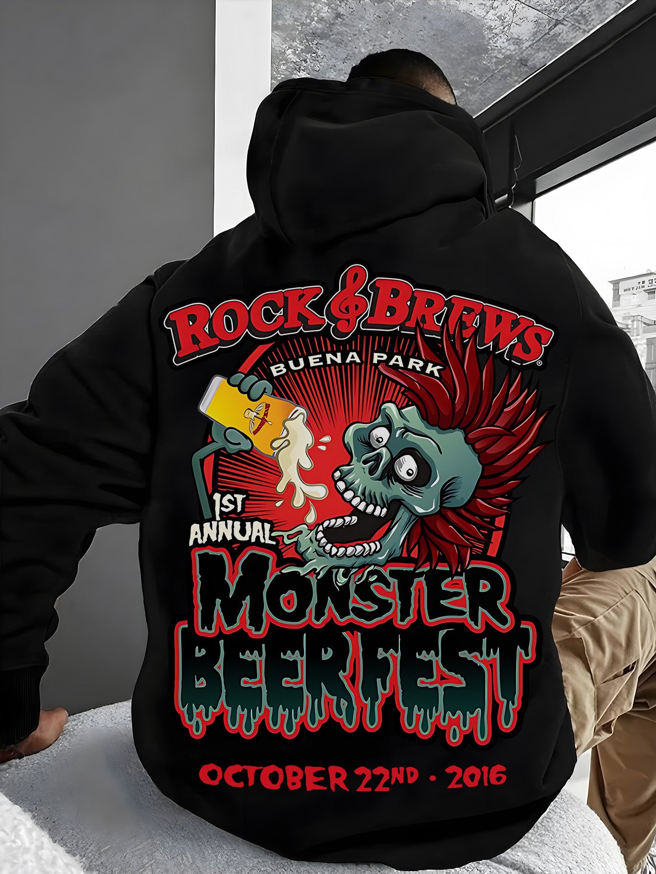 Men'S Stylish Hoodie with Skull and Beer Print, Red English Letters, Pocket Detail - Soft Cotton Blend, Knit Fabric for Fall/ Winter