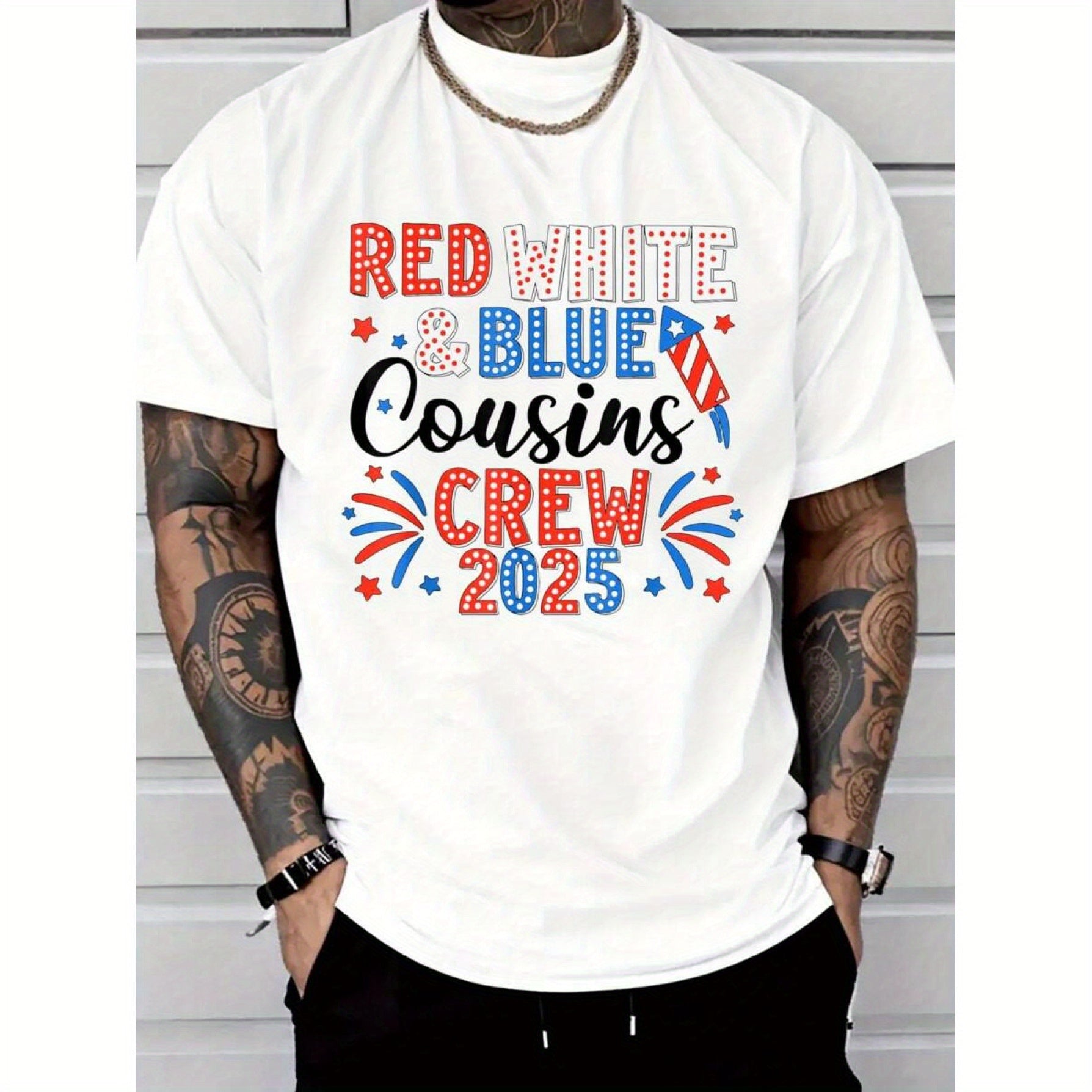 Men'S 100% Cotton Patriotic Red, White & Blue 2025 Family Crew T-Shirt - Star-Spangled Design with Fireworks & Stars, Breathable Soft Fabric, Casual Round Neck Short Sleeve for July 4th & Summer, American Flag Clothes, Family