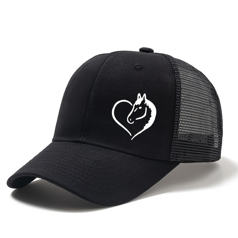 Fashionable Outdoor Sunshade Baseball Cap with a Heart And Horse Pattern, Suitable for Both Men And Women, Perfect for Casual Wear, Outdoor Parties, And Truck Drivers.