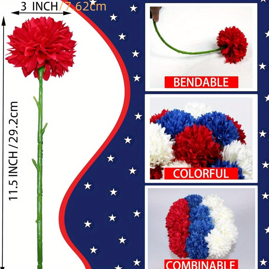 Patriotic Artificial Flowers Red White Blue Ball Chrysanthemum Bouquet | 4th Of July Memorial Family Gathering Center Vase Decoration