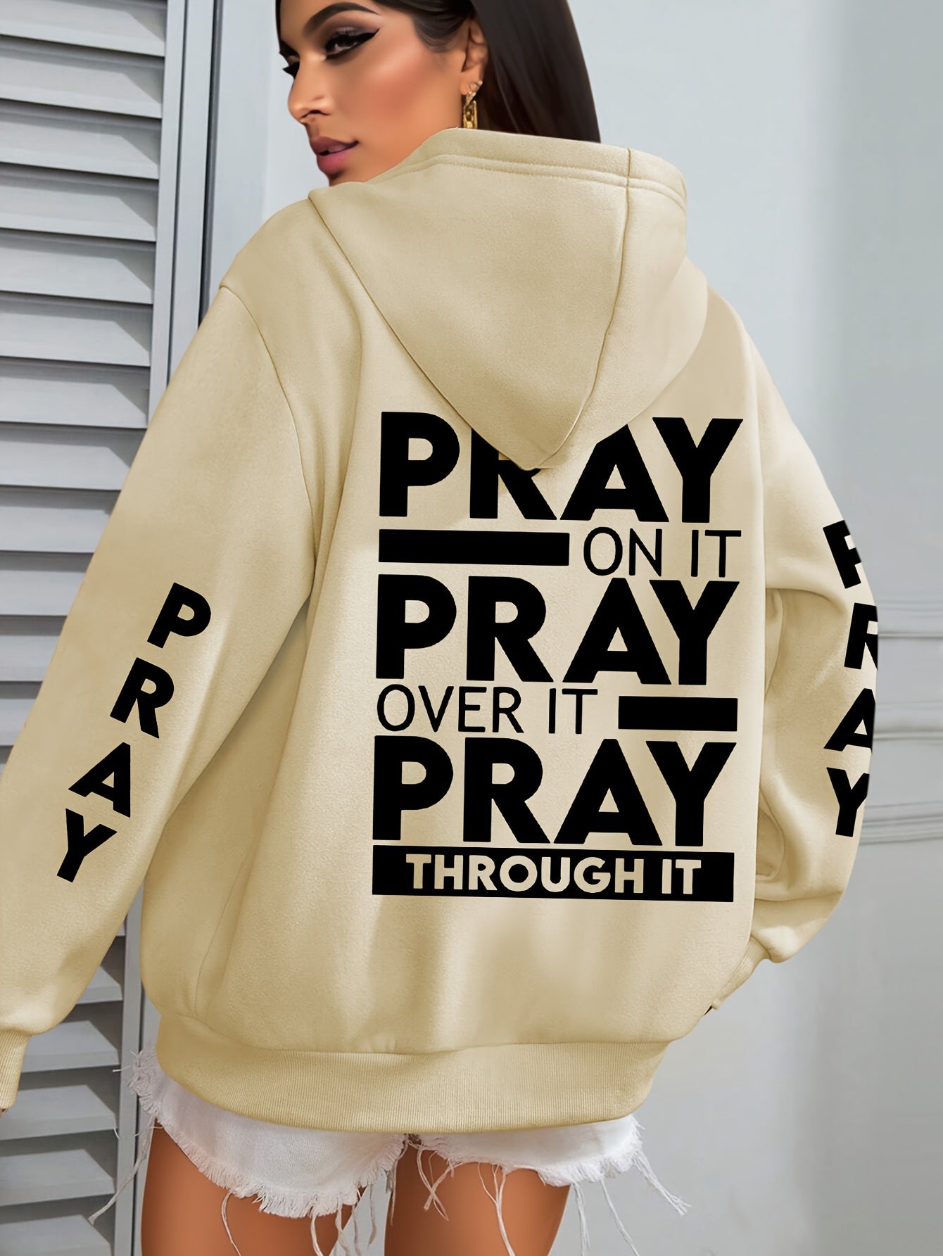 Plus Size PRAY Print Kangaroo Pocket Hoodie - Cozy Casual Long Sleeve Drawstring Sweatshirt with Relaxed Fit for Spring and Fall, Soft and Breathable Fabric, Women's Comfortable Plus Size Clothing