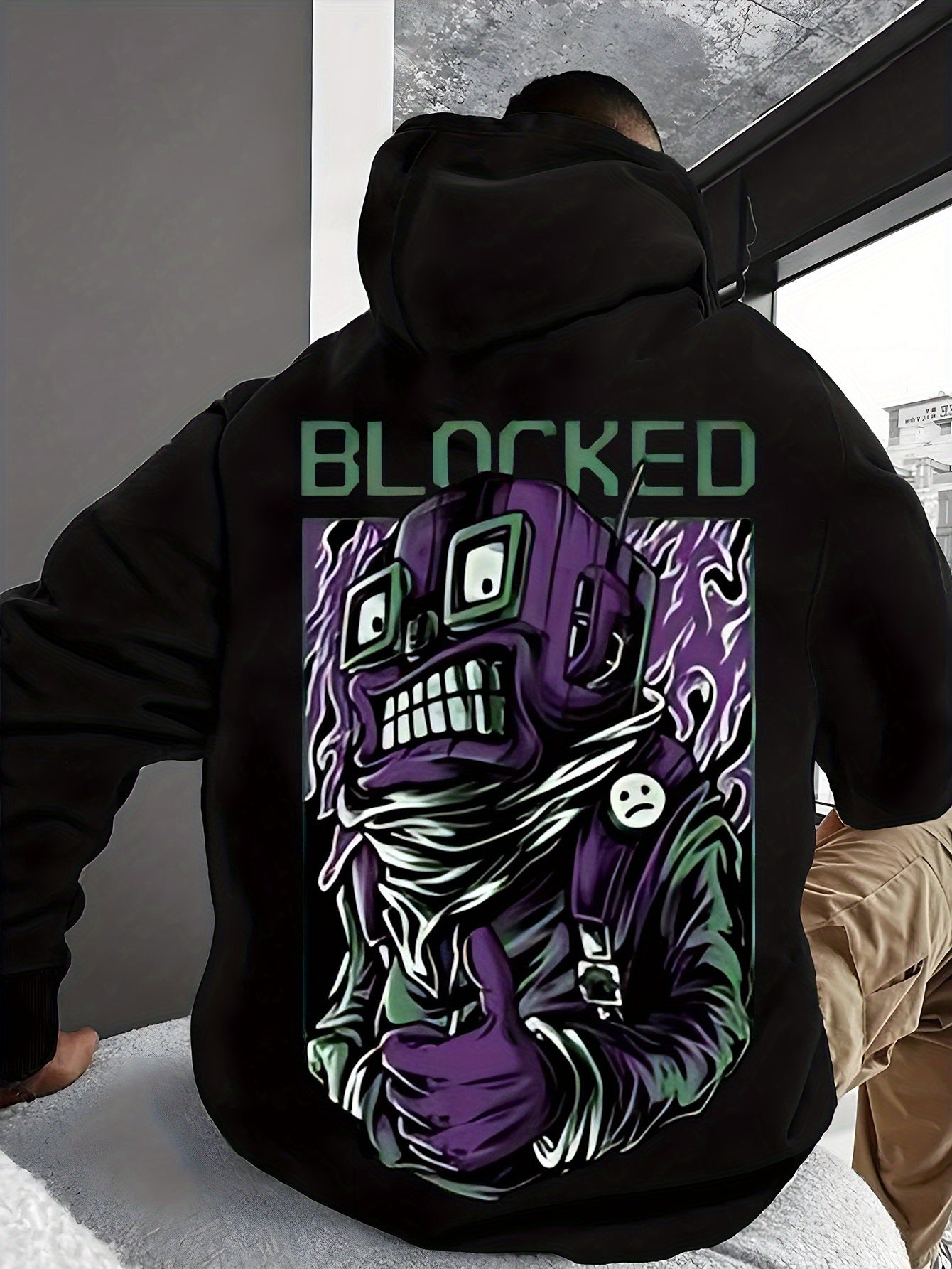 Handsome Men'S Hoodie with Printed English Letters And Cartoon Horror Elements, Featuring Pocket Details for Easy Release And Storage of Items. The Fabric Is Soft And Comfortable, Making It The Perfect Choice