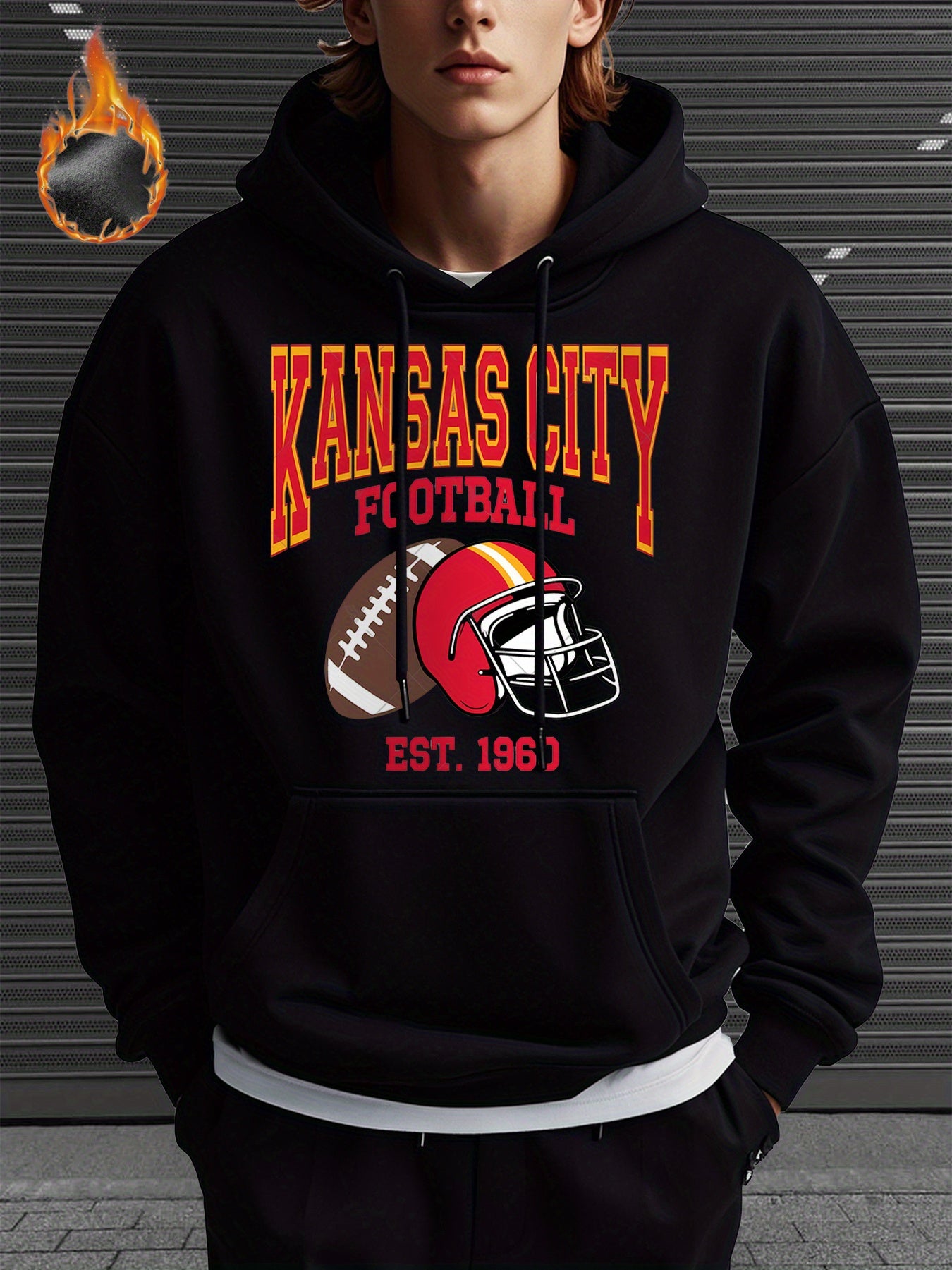 Kansas City Football Hoodie for Men – Cozy Fleece-Lined Casual Sweatshirt with Team Logo & Helmet Design, Perfect for Winter Wear & Game Day Outfits,, Gray, Fleece Lined Hoodie