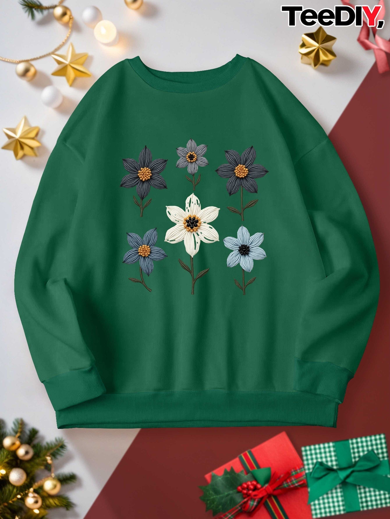 Women's Plus Size Casual Sweatshirt - Embroidered Floral Design with Beadwork, Vibrant Red Long Sleeve Round Neck Pullover, Machine Washable Autumn Winter Fashion Top, Cute Sweatshirts, Detailed Embroidery