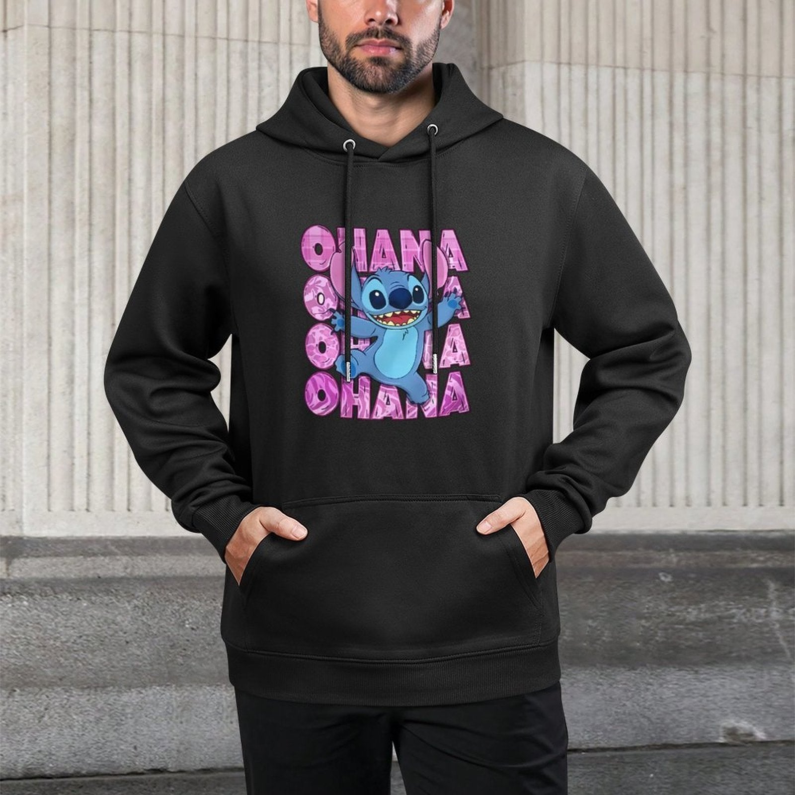 Disney Men'S Black Retro Pullover Hoodie with Stitch Ohana Disney Friends Digital Print, Soft Regular Fit Casual Sweatshirt, Machine Washable, Disney Sweatshirt