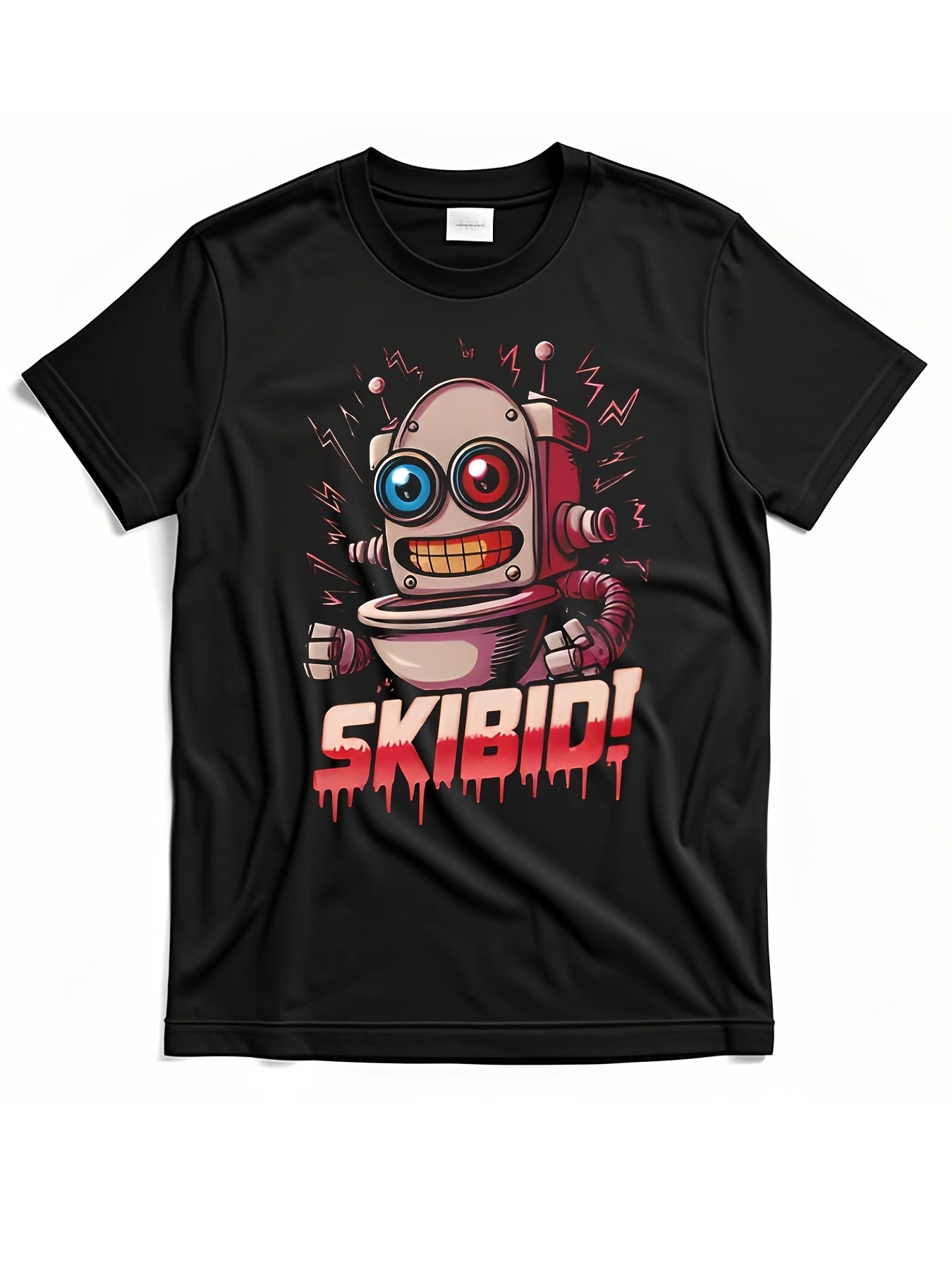 Skibidi Chaos Cyberpunk Graphic T-Shirt for Men - 220g Premium Black Pure Cotton Short Sleeve Tee with Vibrant Robot Drip Art & Bold SKIBIDI! Print, Regular Fit Casual Streetwear, Machine Washable All-Season Gift, Comfortable