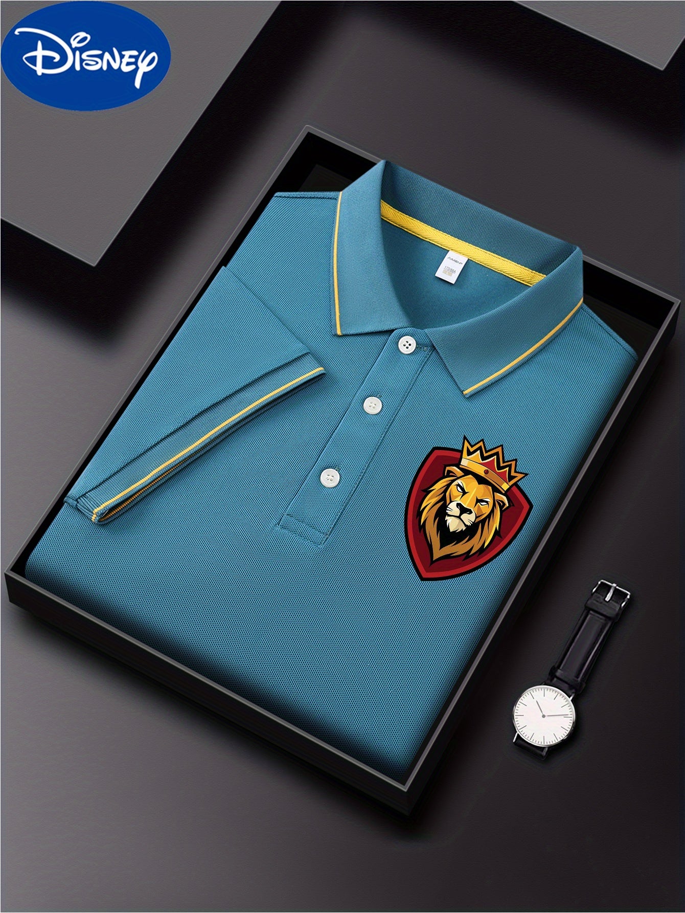Disney Men's Classic Shirt with Simba Lion King Print - Lightweight Quick-Dry Breathable Polyester, Short Sleeve Collar, Premium Casual Business Casual Style, Vibrant Green with Red Shield Emblem & Golden Crown - Summer Casua