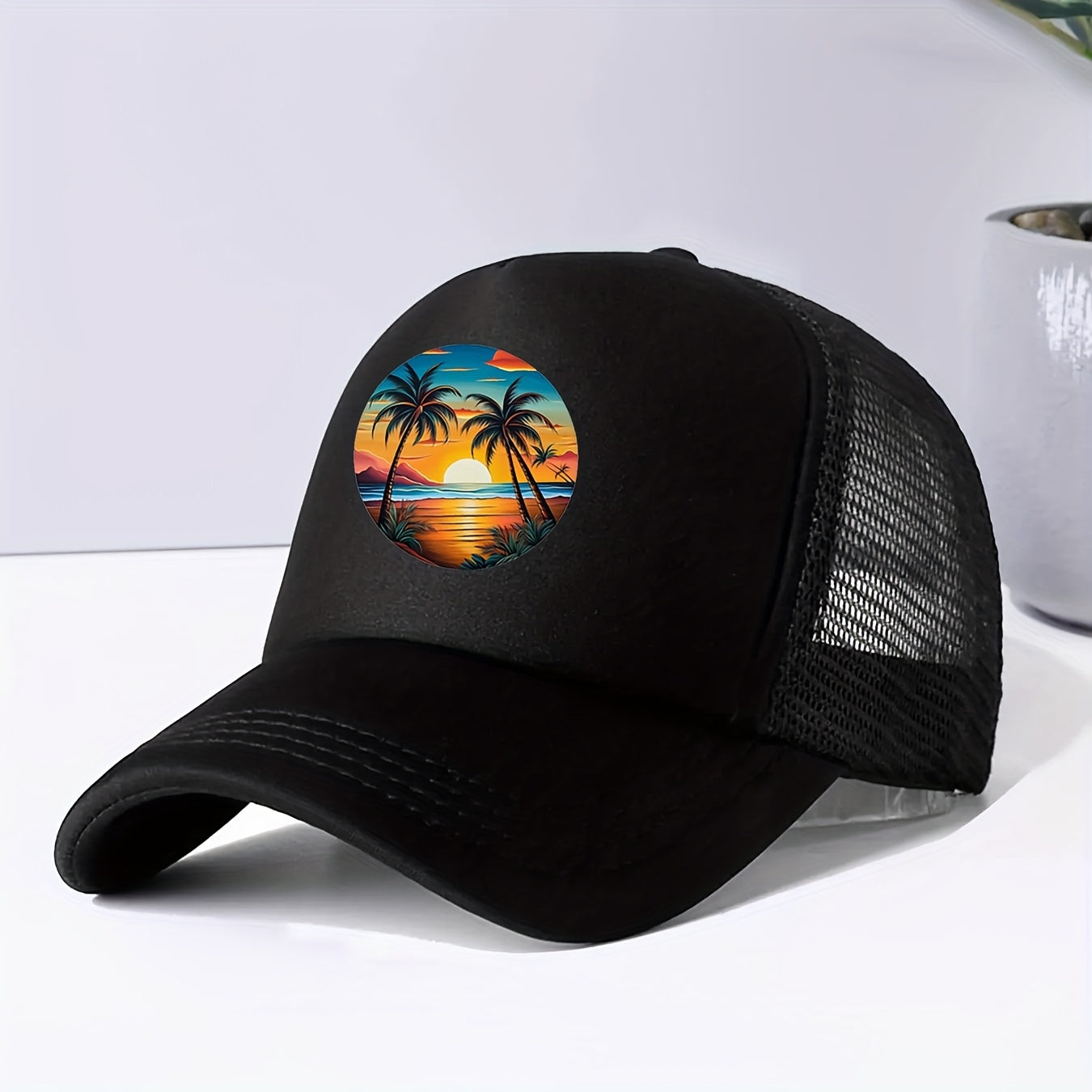 Unisex Tropical Sunset Print Trucker Cap - Adjustable Breathable Mesh Back Baseball Hat for Outdoor Activities