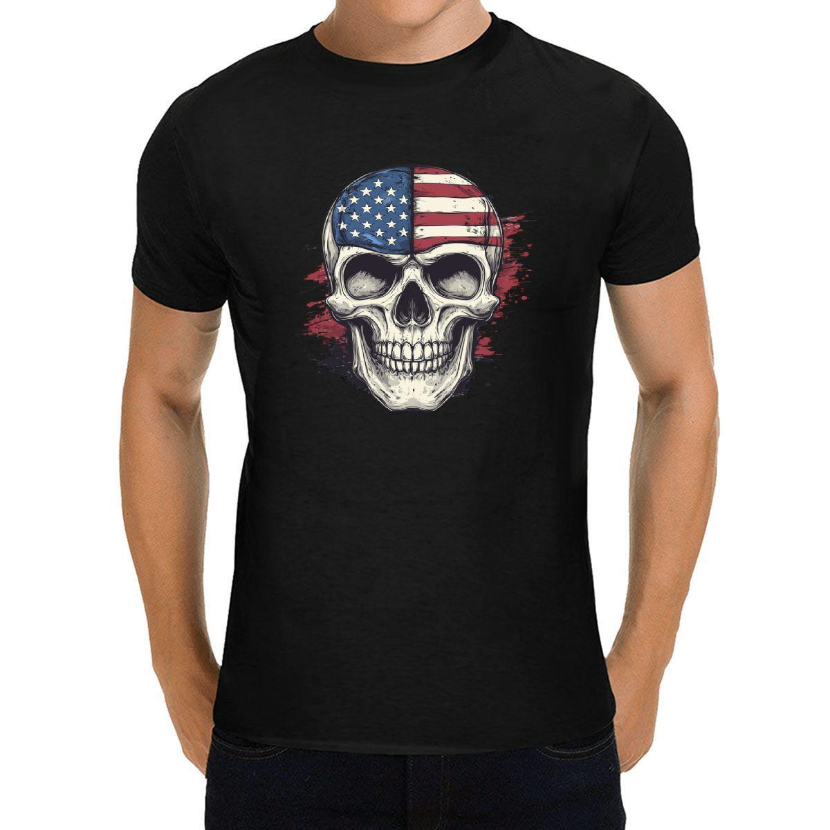 1pc Patriotic Skull Print T-Shirt, Polyester, Round Neck, Short Sleeve, Vintage American Flag Design, Unisex Casual Wear for All Seasons