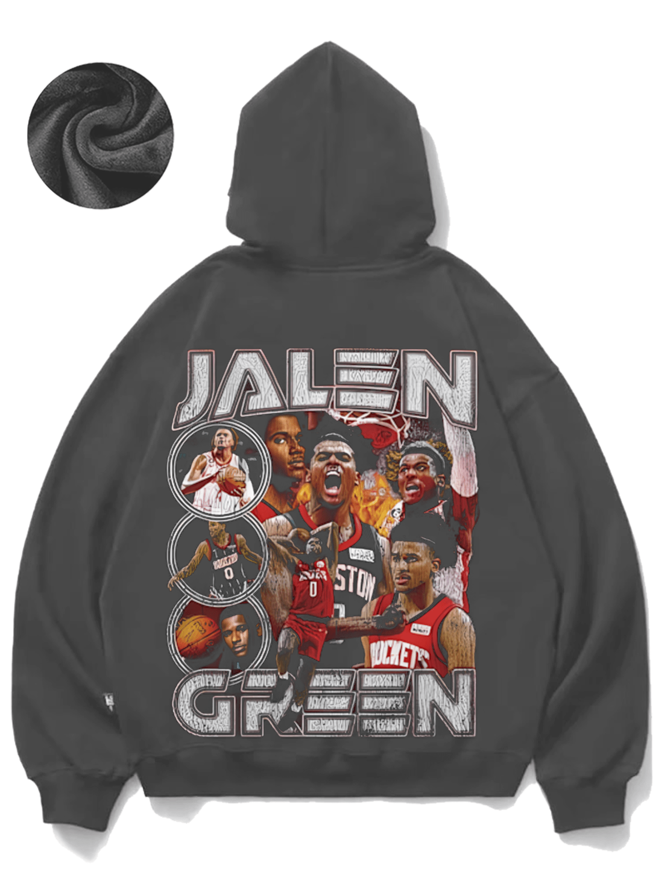 Men's Jalen Green Basketball-Themed Hoodie - Cozy Fleece Pullover with Player Silhouettes, Casual Style for Fall/Winter, Black/Grey