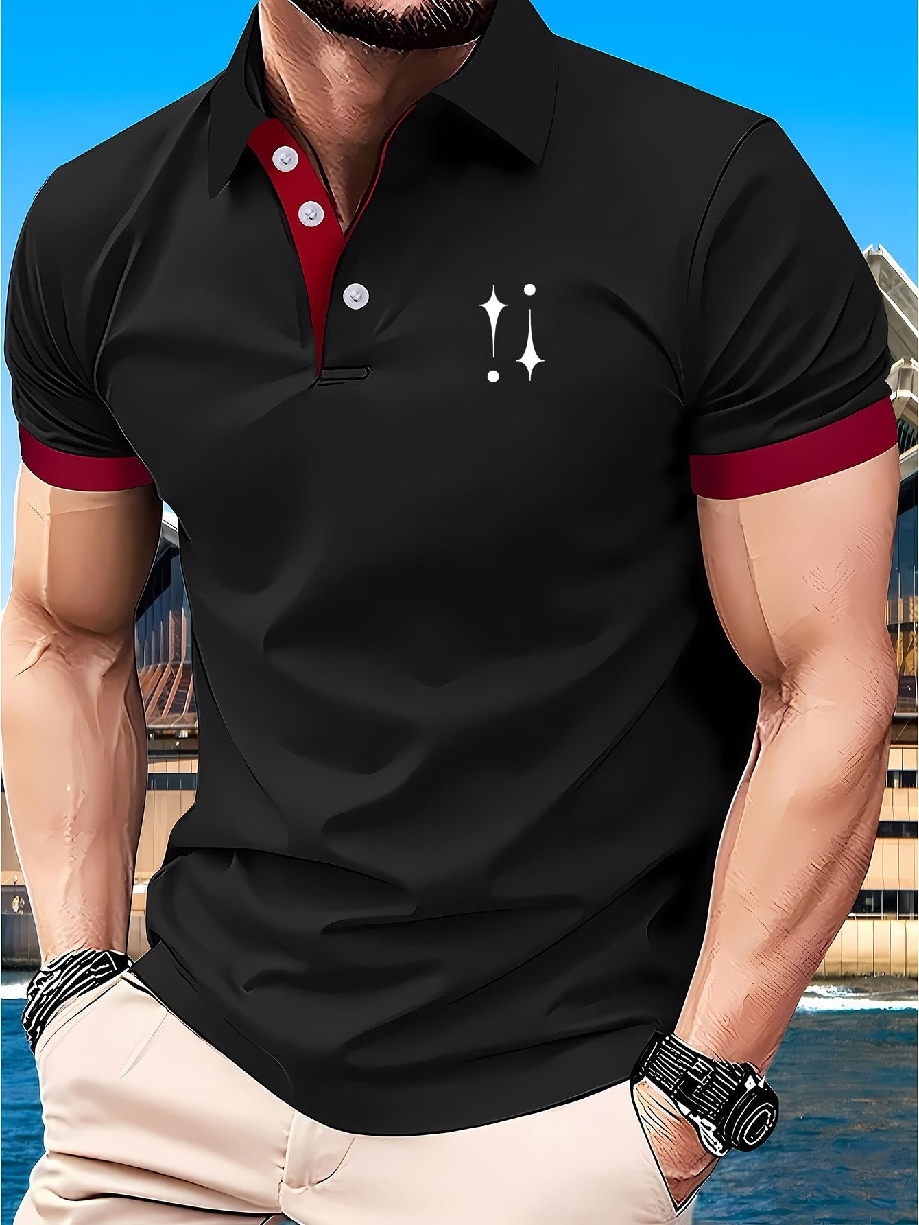 Men's 230g Lightweight Shirt - Summer Casual Short Sleeve Golf Top with Geometric Star Pattern, Contrast Red & White Trim, Breathable Regular Fit for Sports & Outdoor Activities, Golf Shirt, Active Lifestyle, Modern Design, D