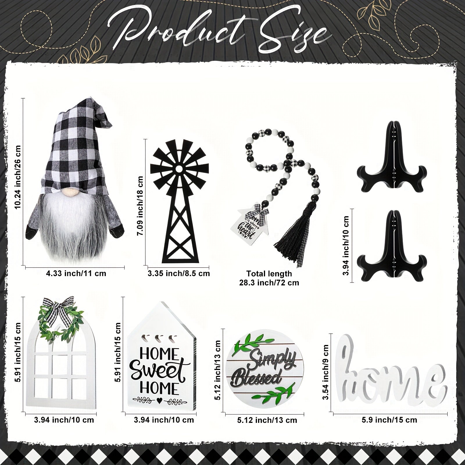 [Rustic Farmhouse Decor] 10 Pcs Black White Buffalo Plaid Farmhouse Decor | Gnome Wooden Mini Sign Rustic Table Ornaments With String Lights For Kitchen Table Decor, Housewarming Gift (Gnome Style)