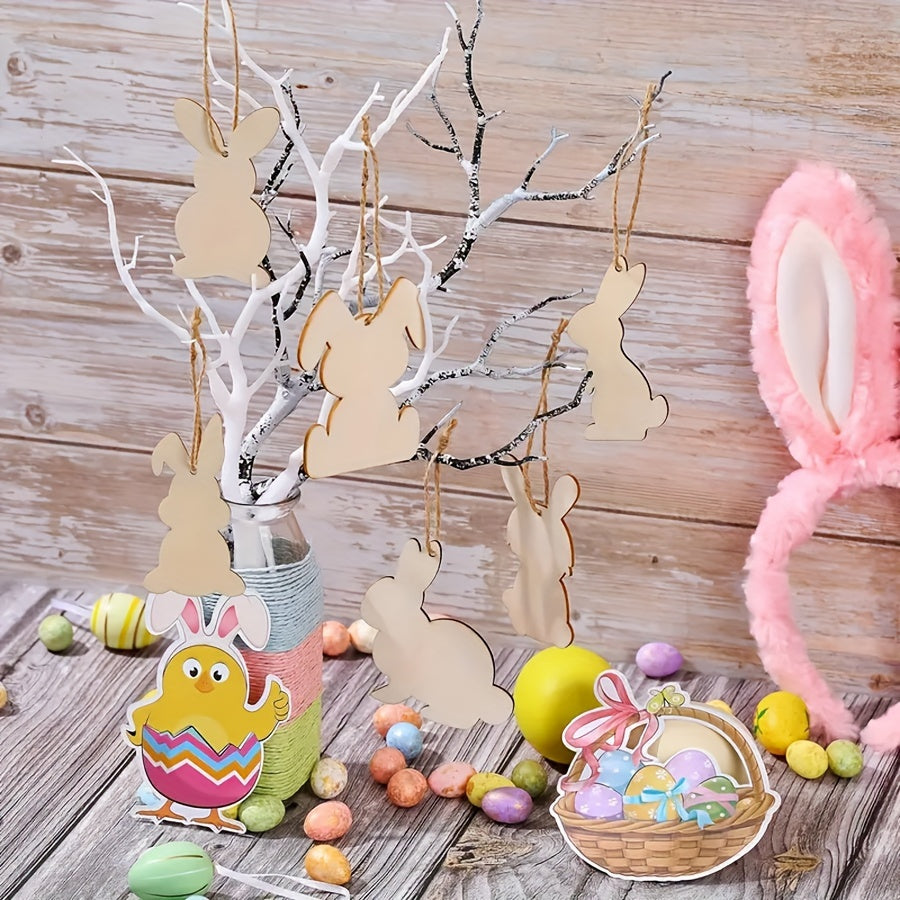 Easter Bunny Wooden Craft Cutouts - DIY Blank Rabbit Ornaments for Painting & Decorating, 6 Unique Designs, Perfect for Easter Gifts & Home Decor