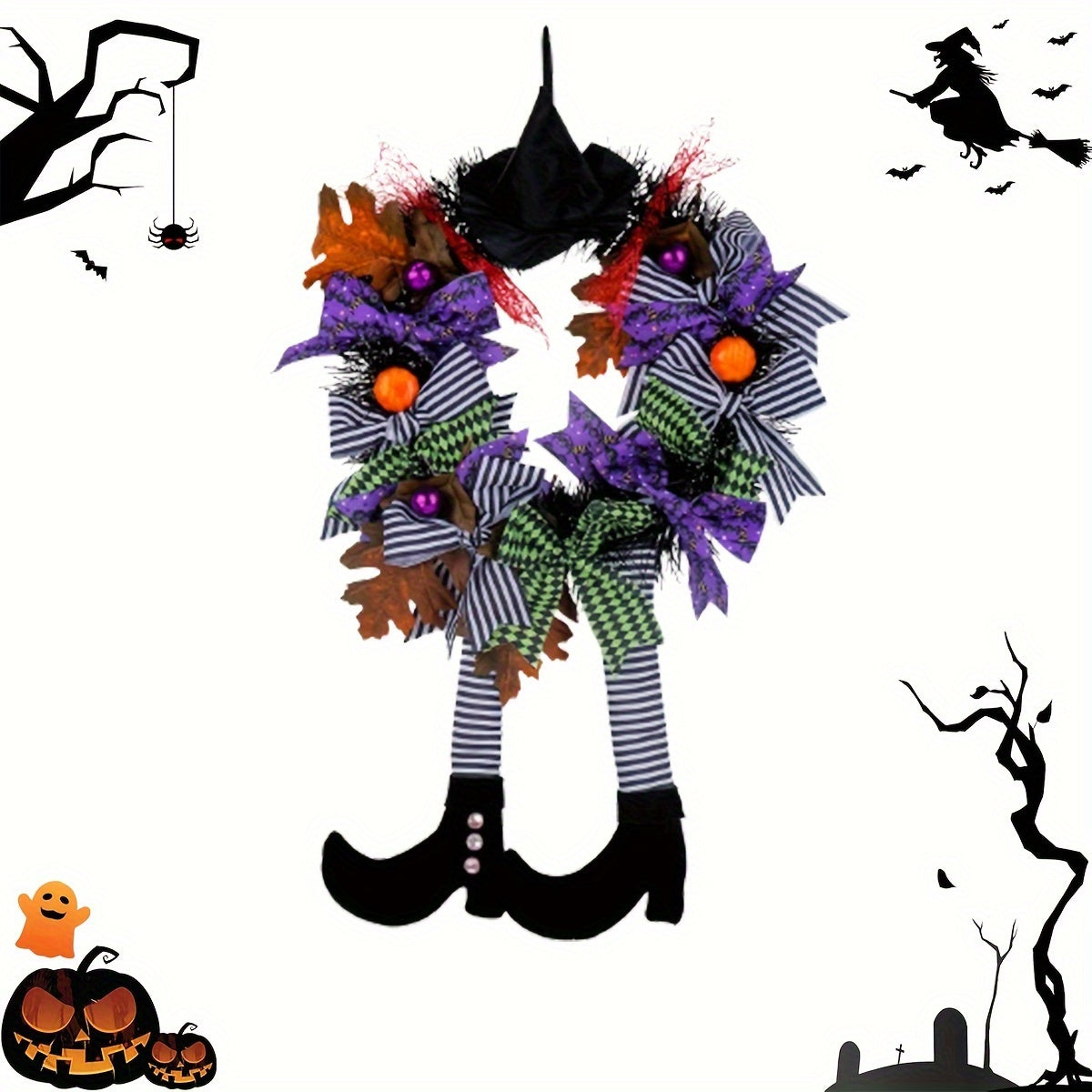 Halloween Wreath, Halloween Witch Decorations, Halloween Door Decor Garden Hanging Witch Garland Pendant with Witch Hat Legs for Front Door, Witch Wreath