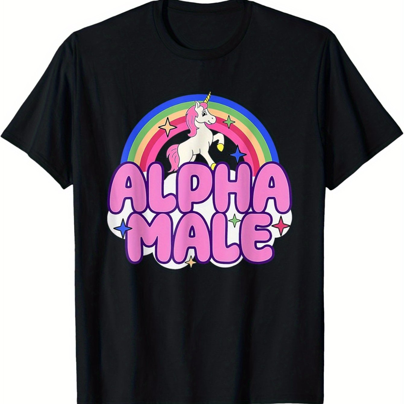 [Funny Alpha Male Unicorn Tee] Black Cotton Funny Alpha Male Unicorn Graphic Tee | Men's Sarcastic Y2K Humor and Quirky Style
