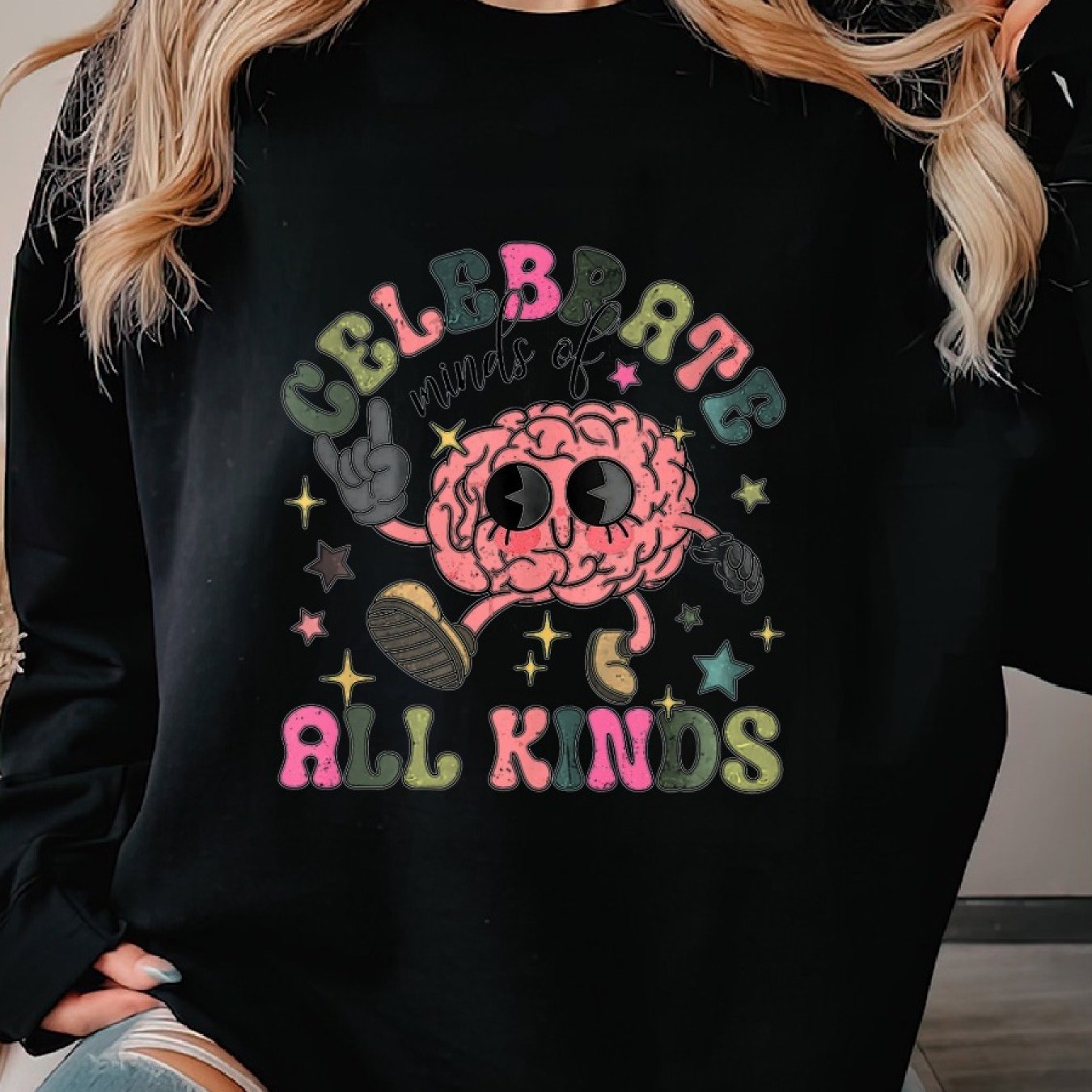 [Long Sleeve Mental Health Pullover] Celebrate Minds of All Kinds Sweat, Autism Sweater, ABA Therapist Crewneck, ADHD, Autism Acceptance Gift, Mental Health, Sped Woman's Cozy Classic Print Pullover Sweater, Casual Long Sleev