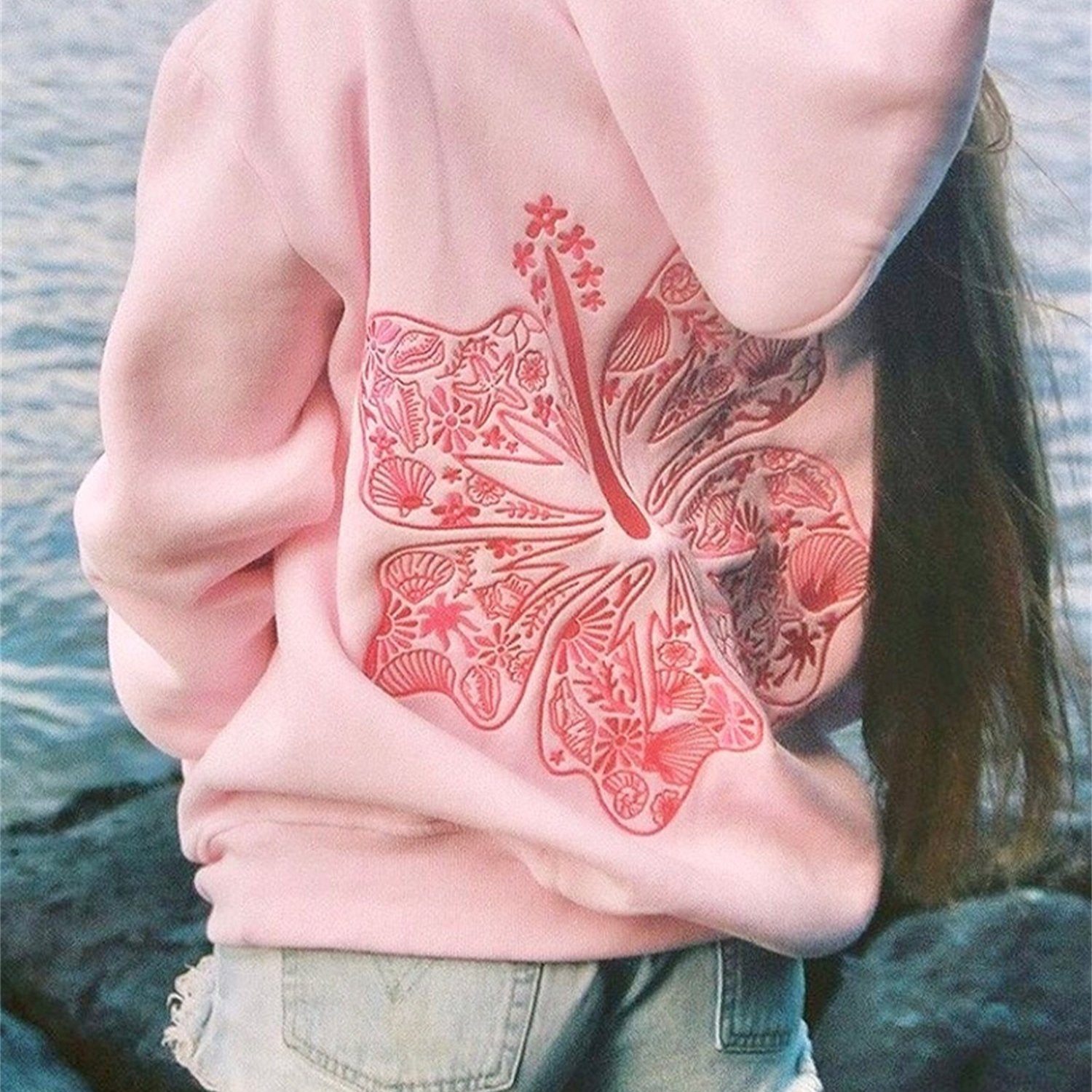 [Everyday Comfort] Women's Casual Pink Hoodie with Seashell & Palm Embroidery - Long Sleeve, Zip-Up, Oversized Beach Sweatshirt, 100% Polyester, Machine Washable - Perfect for Streetwear & Relaxation