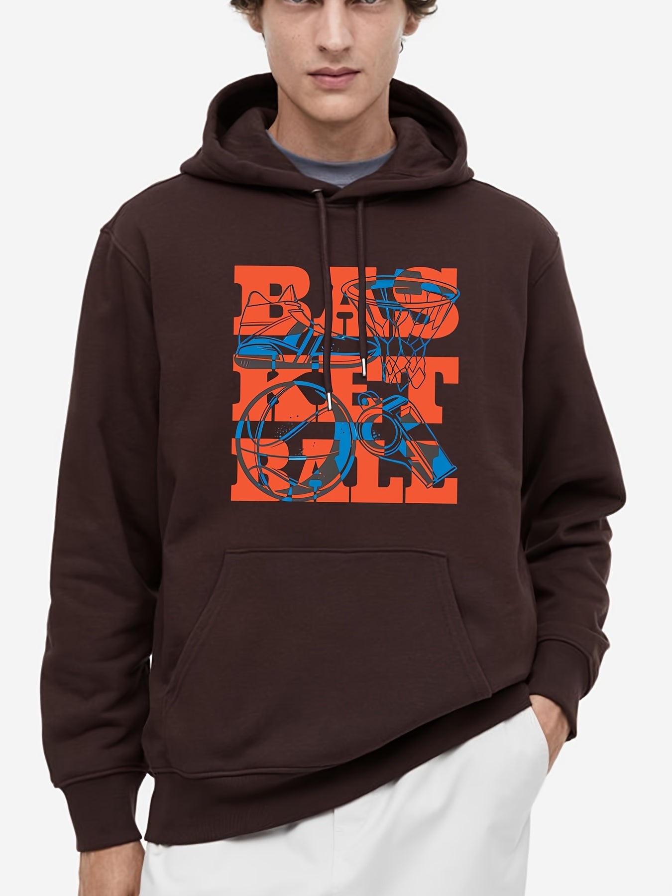 Basketball Pattern, Men'S Trendy Comfy Hoodie, Casual Slightly Stretch Breathable Hooded Sweatshirt For Outdoor