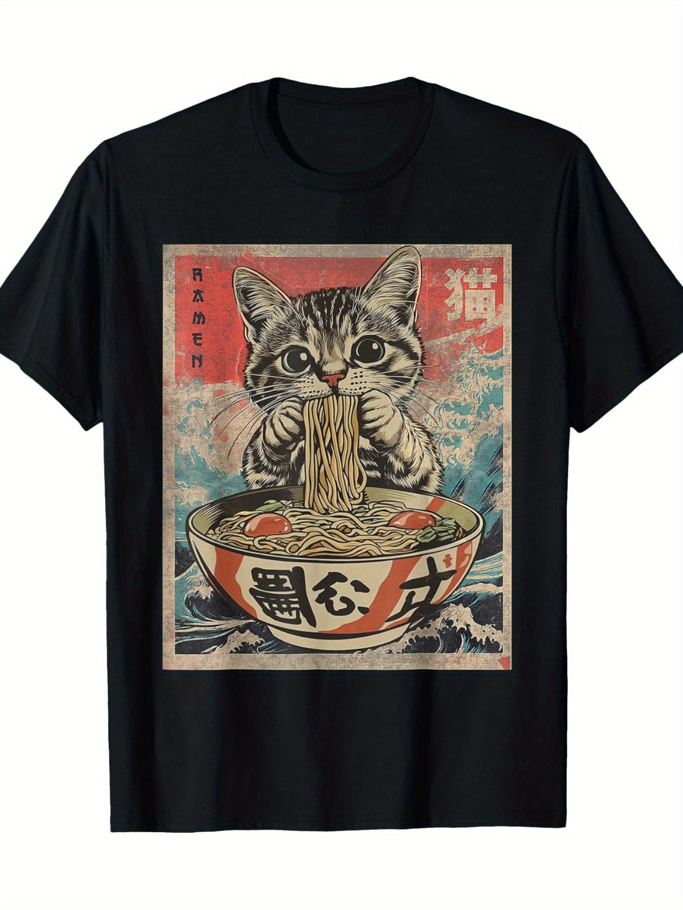 1pc Kawaii Cat Ramen Anime T-Shirt for Men, 100% Fabric, Crew Neck, Short Sleeve, Regular Fit, Weekend Casual Wear, All-Season Casual Wear, 180gsm - Ideal for Valentines New Year'S Day Father'S Day Christmas