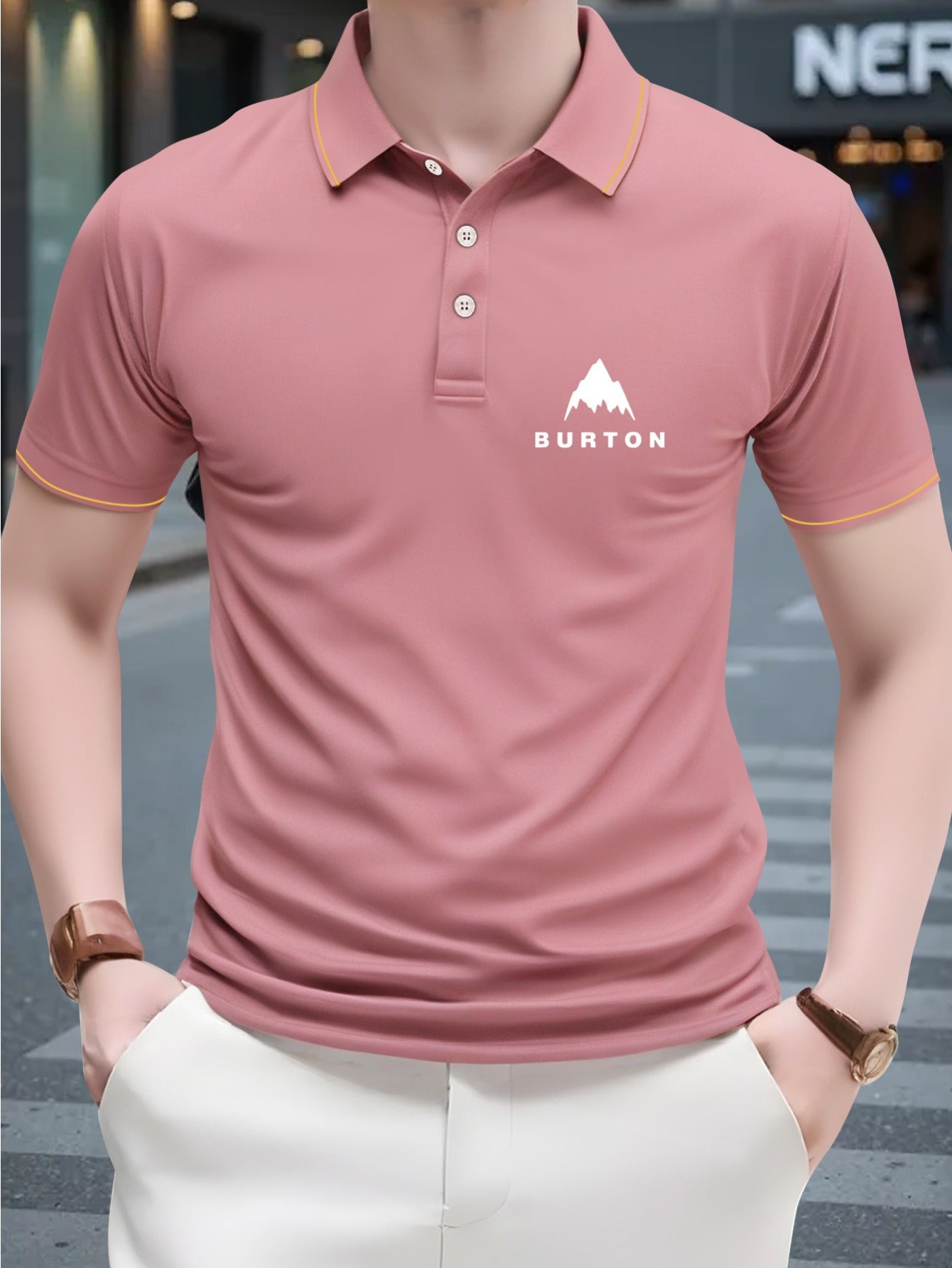 1pc Burton Men's Shirt - 230g Breathable Polyester, Light Beige-Friendly Soft, Geometric Mountain Logo Print, Green with White Collar & Yellow Trim, Regular Fit Short Sleeve for Golf & Casual Outings, Summer Apparel, Classic
