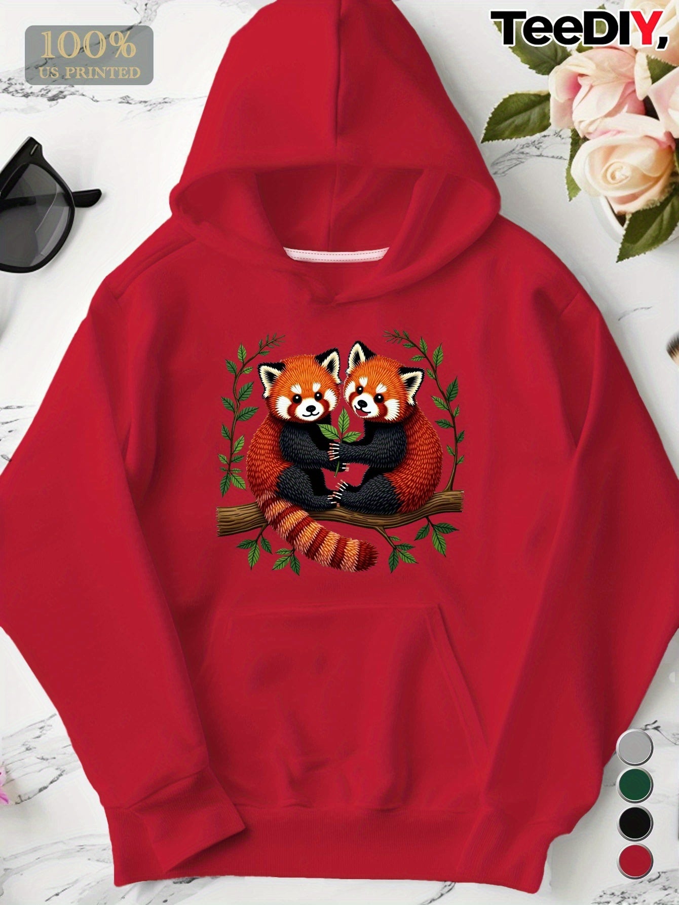 Women's Plus Size Embroidered Red Pandas Branch Hoodie - Grey Casual Pullover with Front Pocket, 100% US Printed Design, Machine Washable Autumn Winter Sweatshirt, Animal Lover Apparel, Playful Animal Design, Detailed Embroid