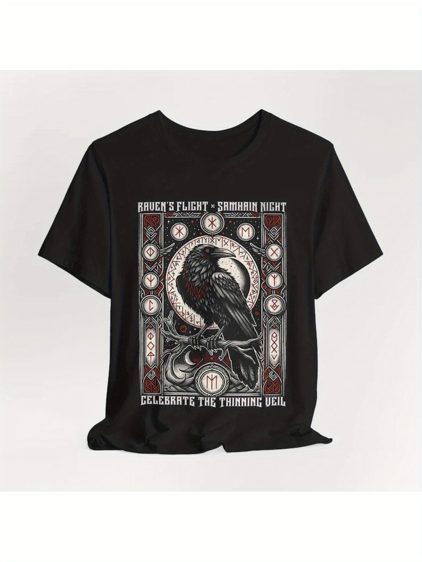 Samhain Night Celtic Norse Pagan Gothic Metal Halloween Raven Viking Odin T-Shirt - 100% Cotton Unisex Casual Tee with Rune Magic Design, Machine Washable Regular Fit Short Sleeve Round Neck, Spiritual Theme Apparel, Mystical