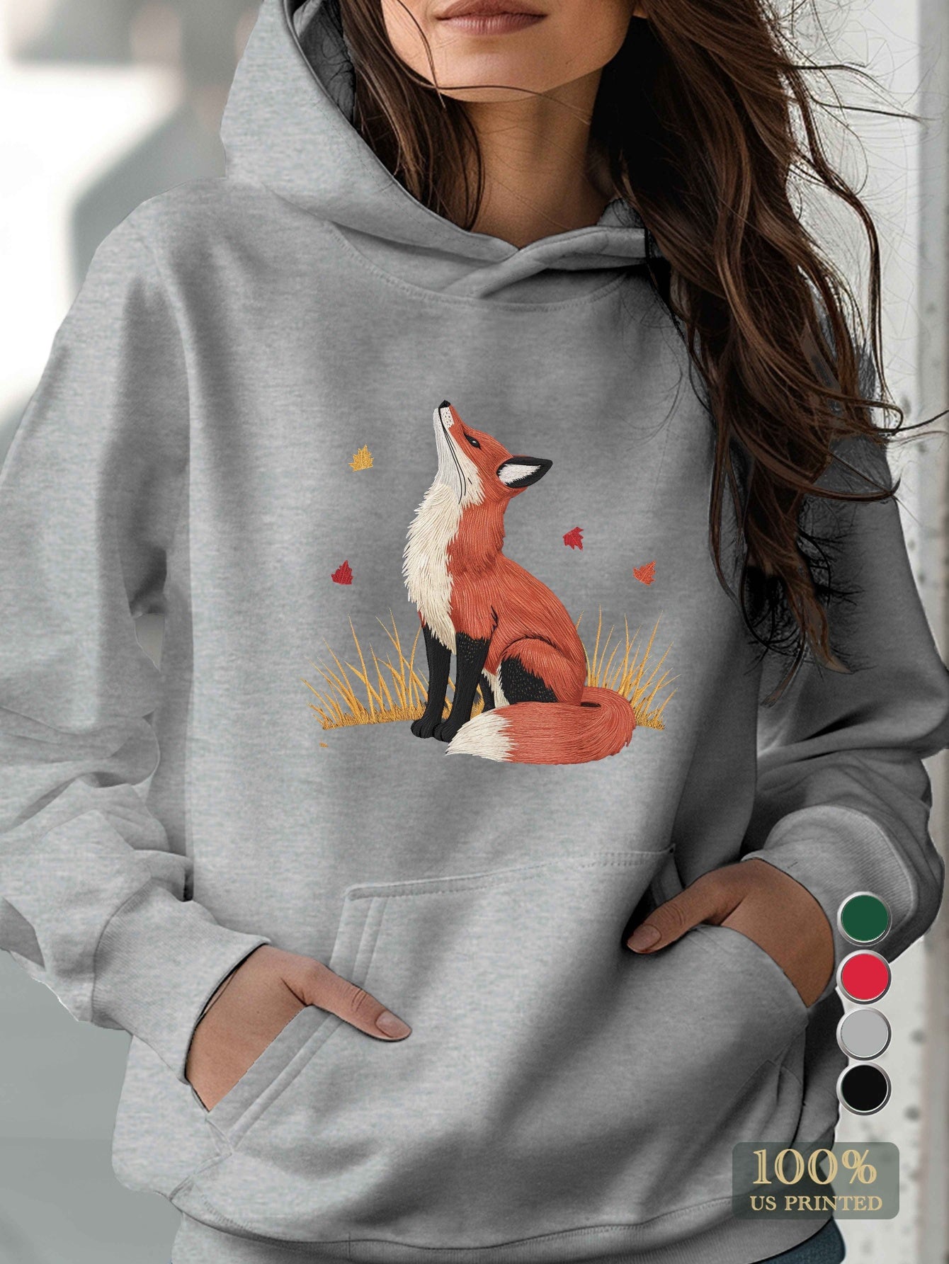 Embroidered red fox illustration teediy Women's hoodies