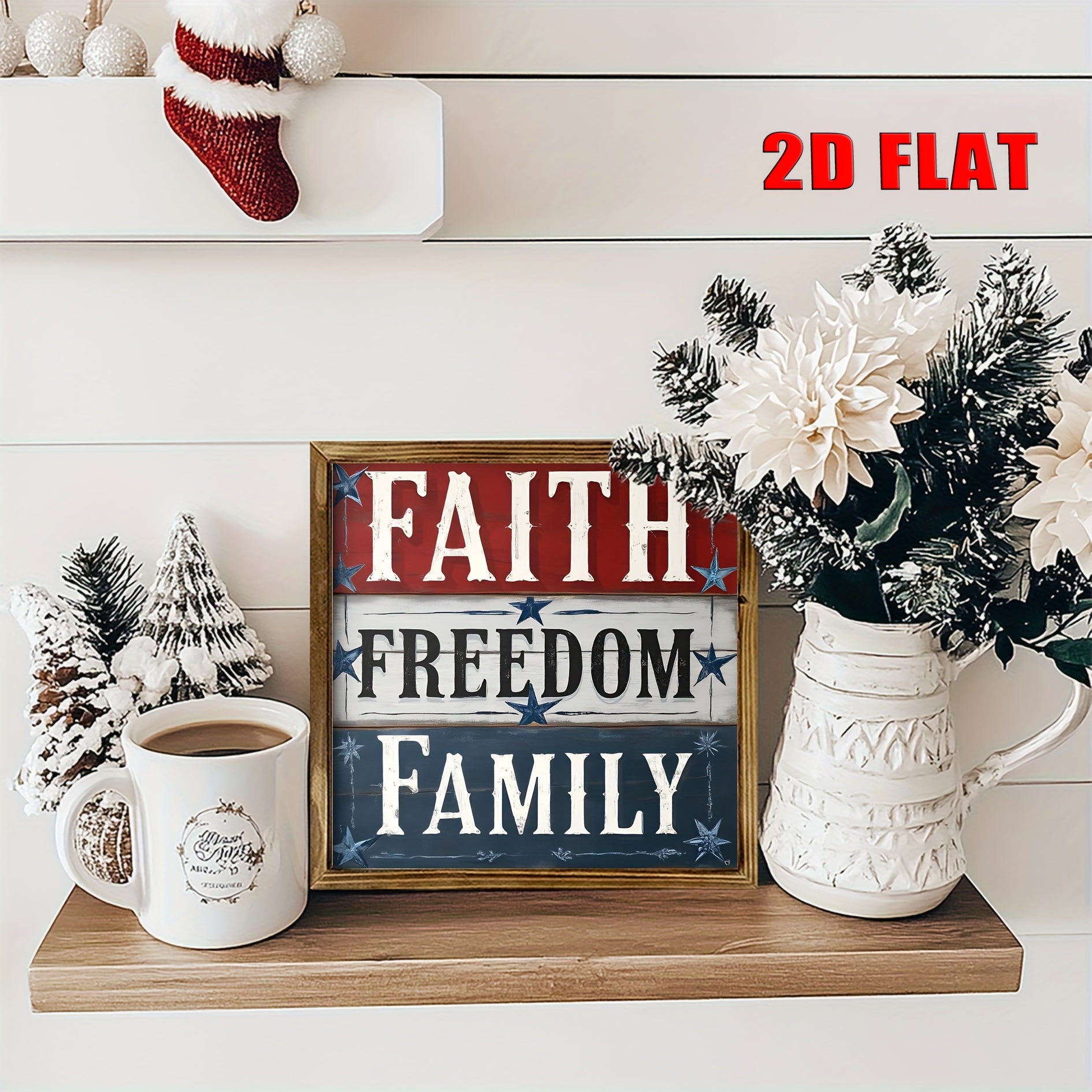 [2D FLAT]8x8 Inch Rustic Wood Wall Art Sign - Farmhouse Style Faith Freedom Family Decor with Distressed White Background & Red/Blue Stars, No Electricity Needed, Easy Wall-Mounted for Kitchen Bathroom Living Room Entryway, H