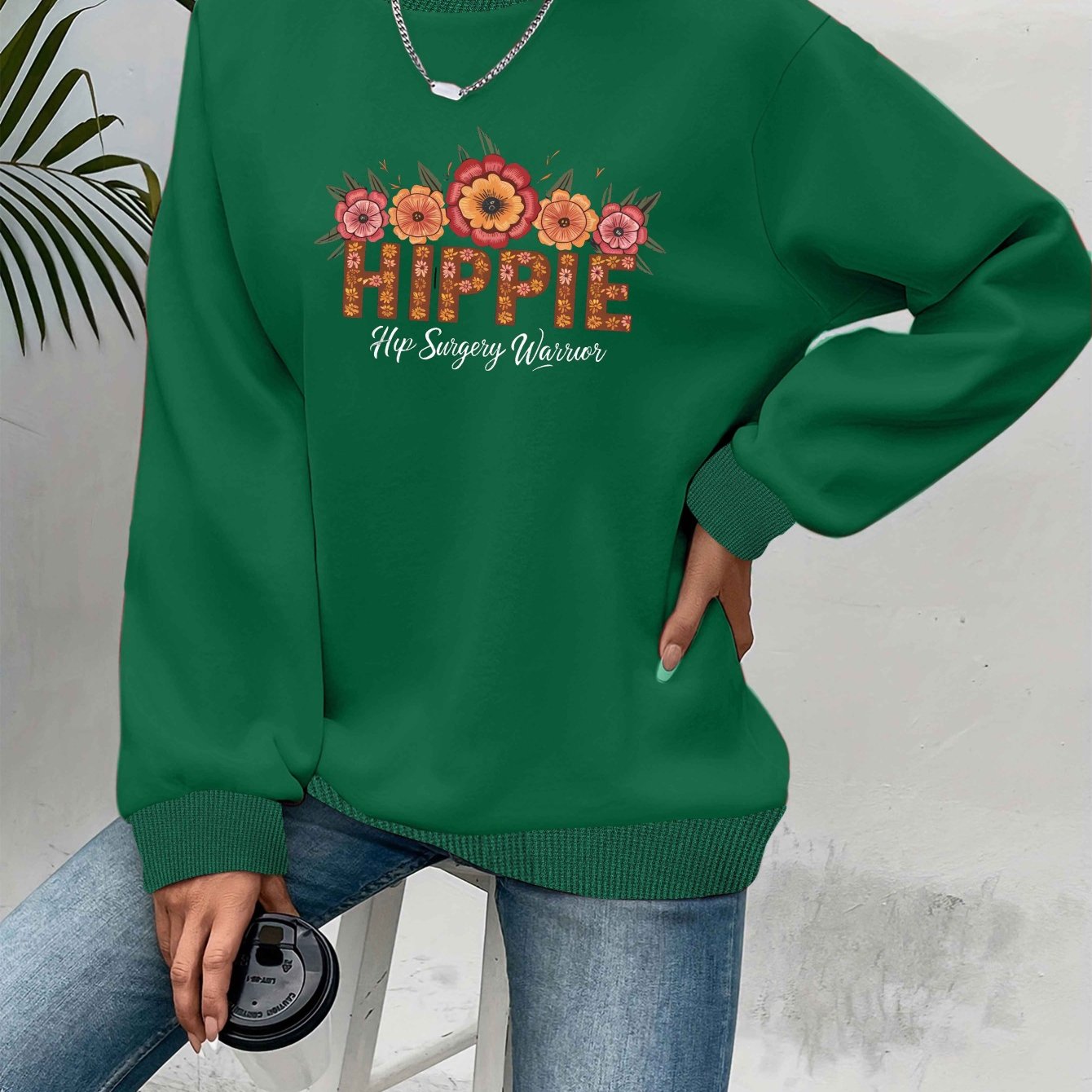[Relaxed Style] Women's Hippie Warrior Sweatshirt - Cozy Gray Long Sleeve Crewneck with Colorful Floral and Geometric Embroidery, Casual Fall/Winter Polyester Pullover, Clothing Top | Floral Top | Glossy Fabric, Hippie Clothe