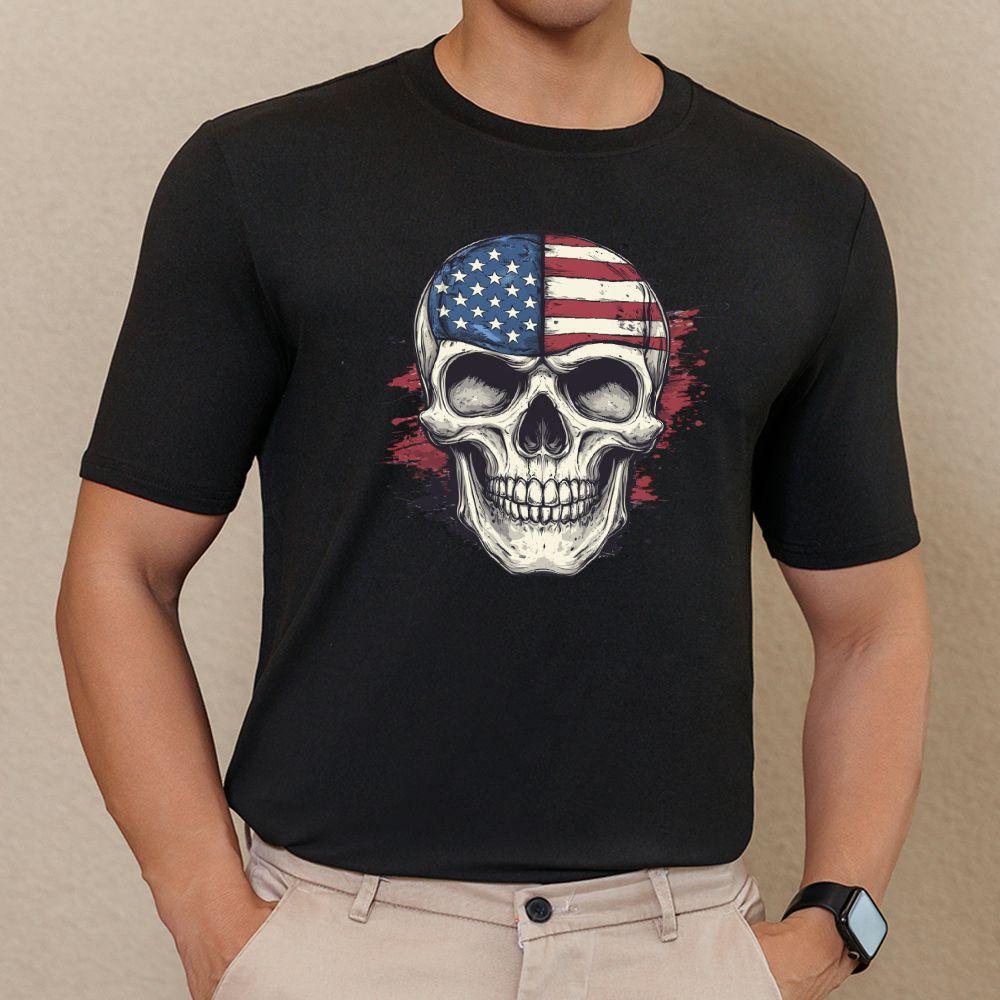 1pc Patriotic Skull Print T-Shirt, Polyester, Round Neck, Short Sleeve, Vintage American Flag Design, Unisex Casual Wear for All Seasons