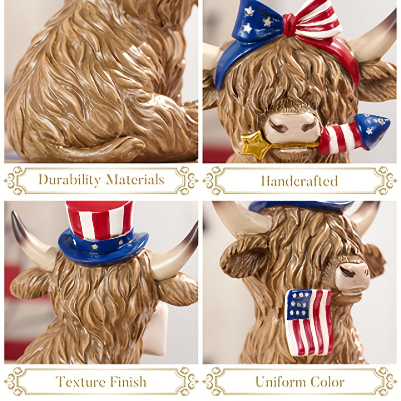 Highland Cow Patriotic Decorations, Medium High Mountain Yak Figurines | 4th Of July Decorations, Memorial Day Independence Day Home Decor for Table Kitchen Bedroom Bathroom, Daily Gift for Mother's Father's Day