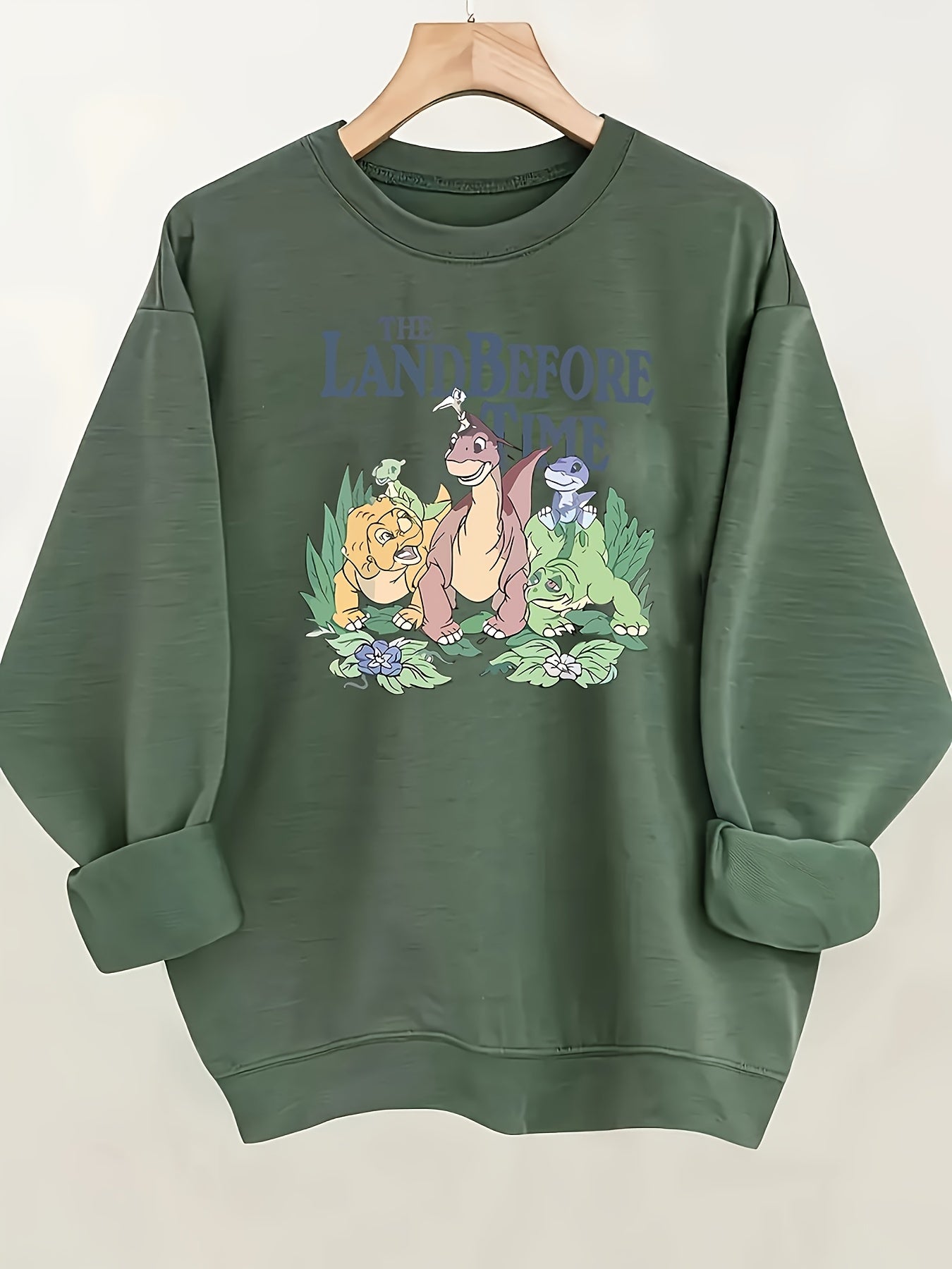 [Bangly Charm Dinosaur Sweatshirt] Bangly Charm Women's Casual Dinosaur Graphic Sweatshirt | Trendy Color Block Print, Polyester, Crew Neck, Long Sleeve, Slight Stretch, All-Season Pullover