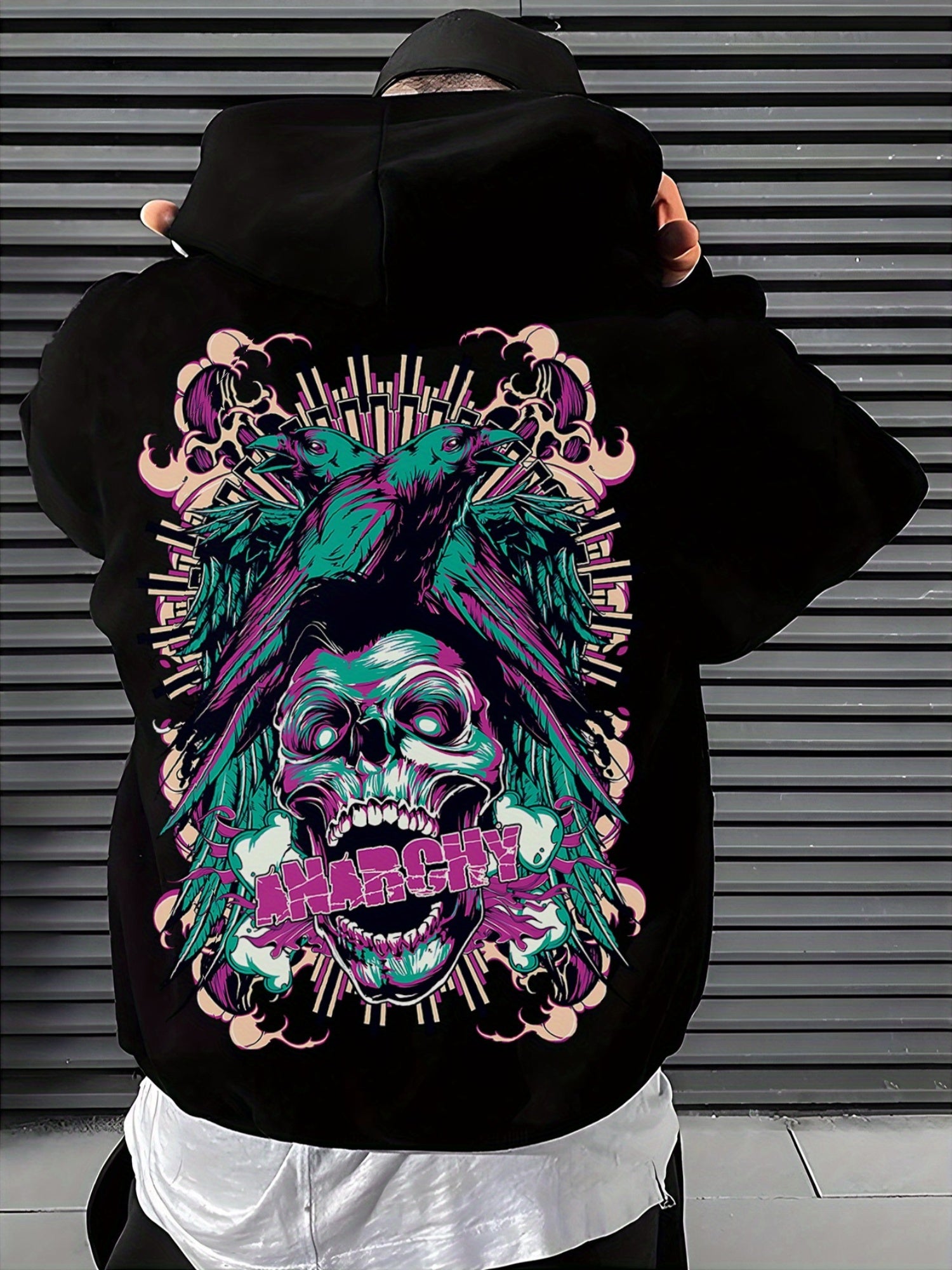 Men'S Skull and Geometric Pattern Cotton Blend Hoodie-Machine Washable, Casual Style, with Kangaroo Pocket, Perfect for Autumn and Winter Outdoor Activities, Casual Hoodie, Geometric Pattern, Outdoor Activities