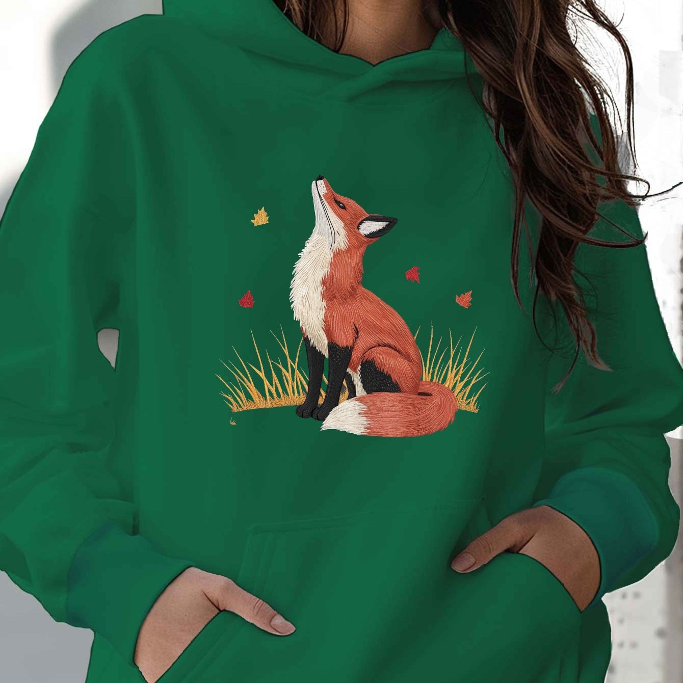 Embroidered red fox illustration teediy Women's hoodies