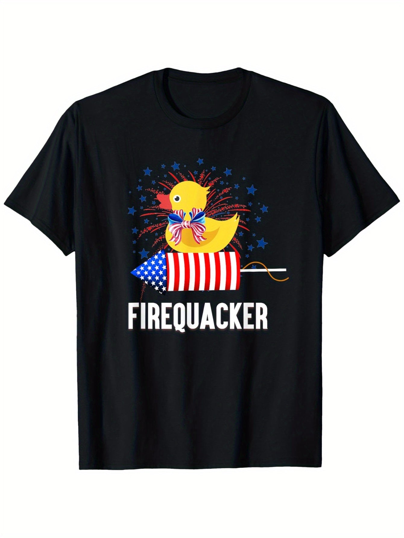 Fourth of July Patriotic Firecracker Rubber Duck T-Shirt for Men - Funny Graphic Novelty Tee with American Flag Design, 100% Cotton 180g Fabric, Regular Fit Short Sleeve (S-XXXL) - Perfect for Summer Outdoor BBQ & Independenc