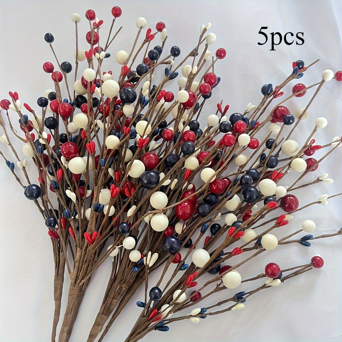 2D Flat, 5 Red, White, and Blue Artificial Berry Branches - Independence Day, Memorial Day, Parties, Tabletops, and Home Decor, Patriotic Style Plastic Fake Branches