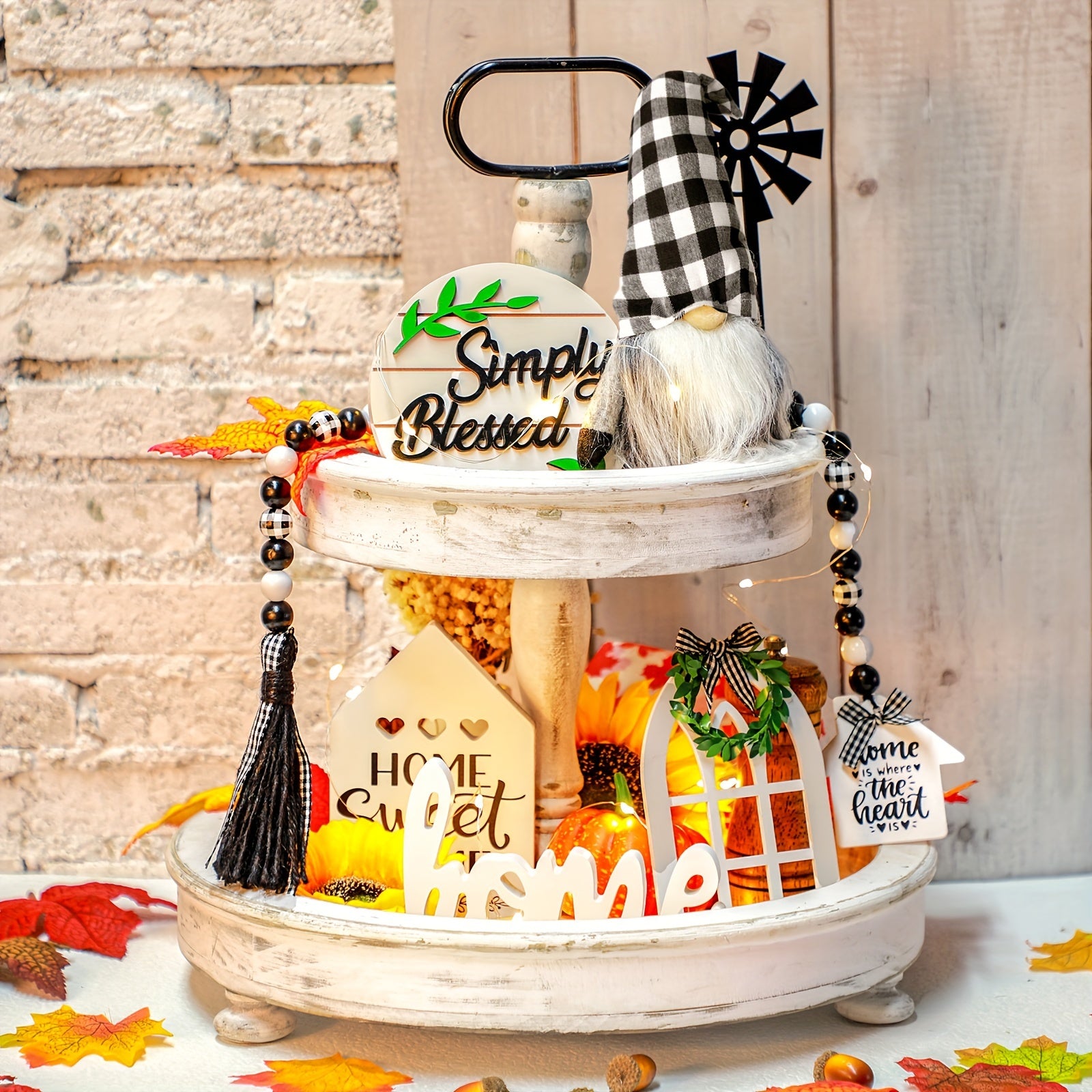 [Rustic Farmhouse Decor] 10 Pcs Black White Buffalo Plaid Farmhouse Decor | Gnome Wooden Mini Sign Rustic Table Ornaments With String Lights For Kitchen Table Decor, Housewarming Gift (Gnome Style)