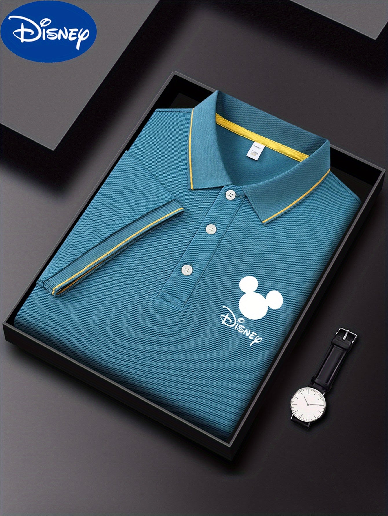 [Disney Genuine Authorized] Men's Classic Shirt One Disney Classic Shirt Cartoon Printing Advanced Business Casual, Short Sleeve Collar, Lightweight Polyester, Quick Drying and Breathable Golf Shirt, Packed in a Display Gift