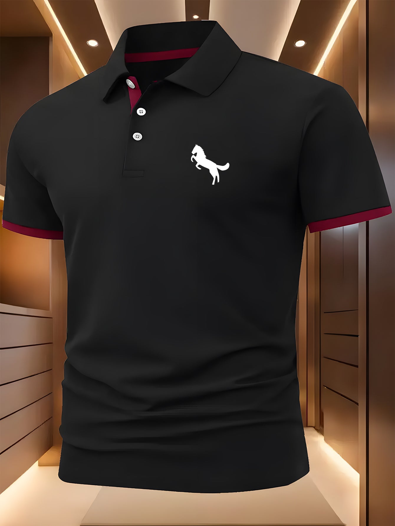 Horse Symbol Men'S New Polo Shirt with Front Pattern, Summer Polo Shirt, Casual Outdoor Short Sleeved Top, Button Neck, Slight Elasticity, Regular Fit, Suitable for Sports, Fishing, Fitness, Daily Wear