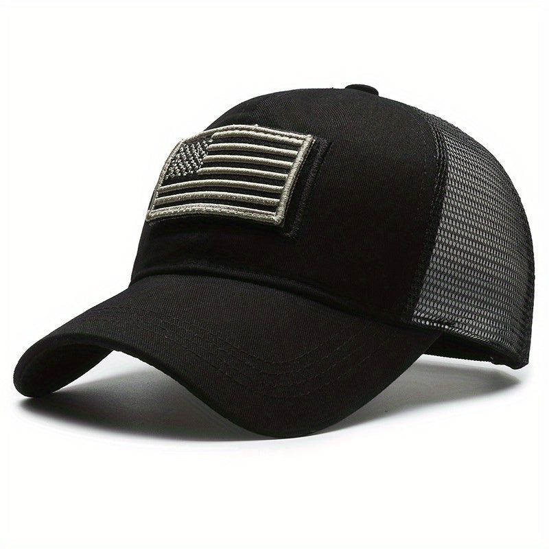 Quick-Dry Breathable Polyester Tactical Camo Baseball Cap - Adjustable Button Closure, American Flag Patch, Sun Protection - Independence Day, Hiking, Fishing & Outdoor Adventures