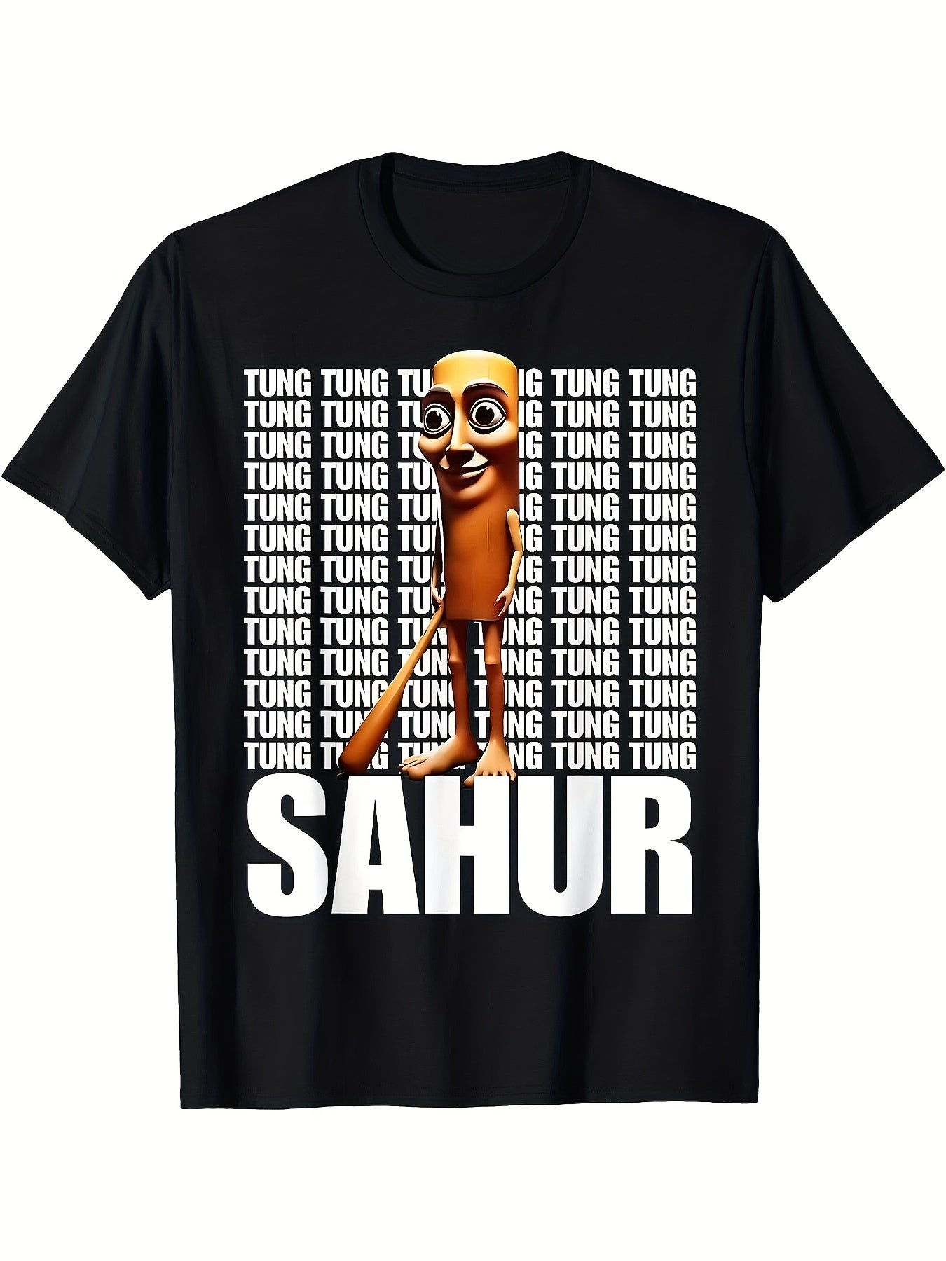 Tung Tung Tung Sahur Italian Brainrot Meme T-Shirt - Unisex Black Cotton Tee with Sahur Alarm Clock Graphic, 220gsm Heavyweight Casual Shirt for Father's Day Gifts & Casual Attire, Gift Idea, Playful Design, Pure Cotton
