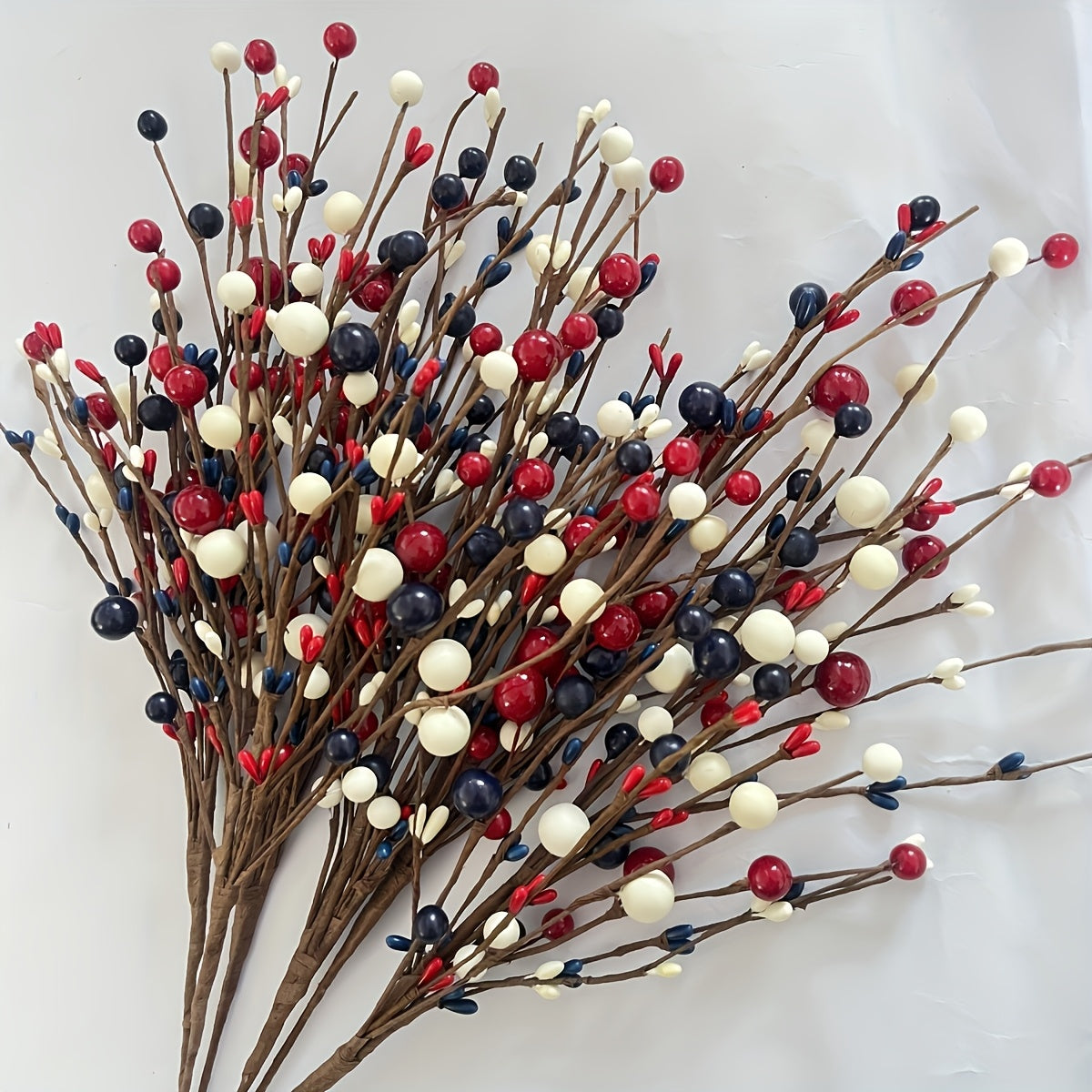 2D Flat, 5 Red, White, and Blue Artificial Berry Branches - Independence Day, Memorial Day, Parties, Tabletops, and Home Decor, Patriotic Style Plastic Fake Branches