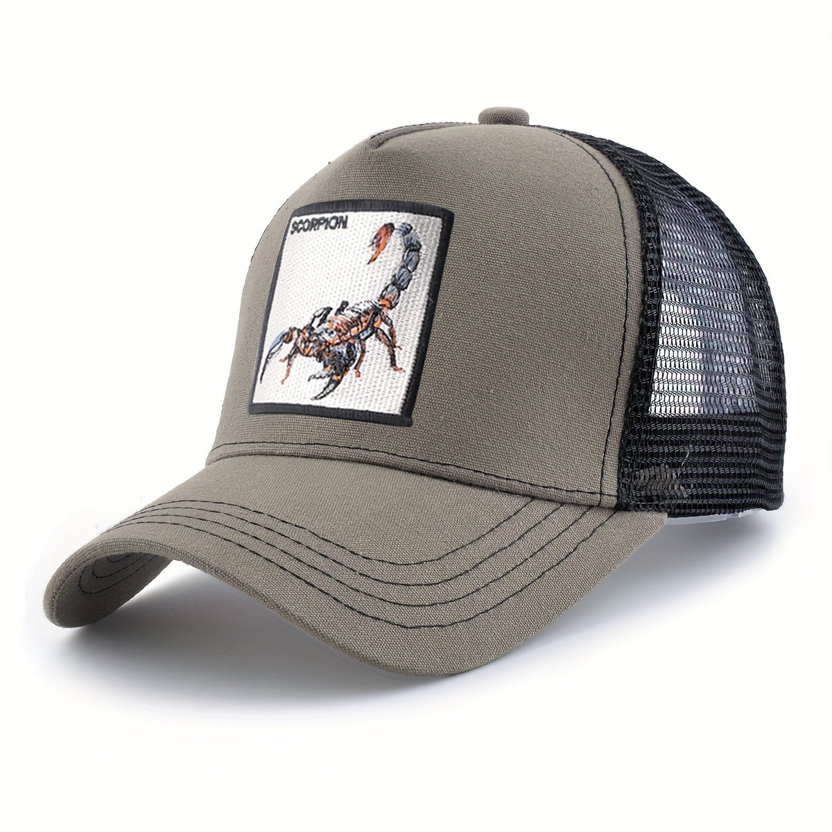 Unisex Embroidered Scorpion Baseball Cap - Breathable Mesh Trucker Hat for Outdoor Sports & Hip-Hop Style, Summer Casual Wear, Black & Beige Design with Bold 