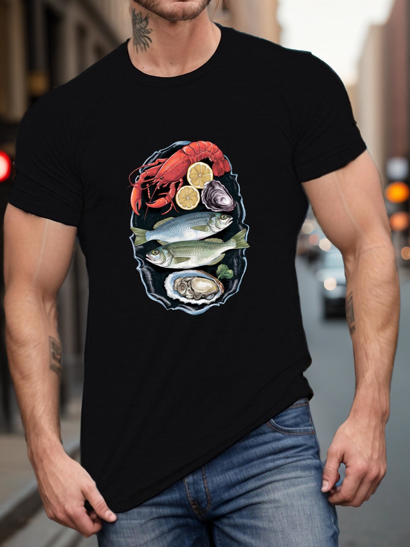6 sizes to choose Seafood Platter Illustration Print Tee Shirt Tees for Men Casual Short Sleeve TShirt for Summer