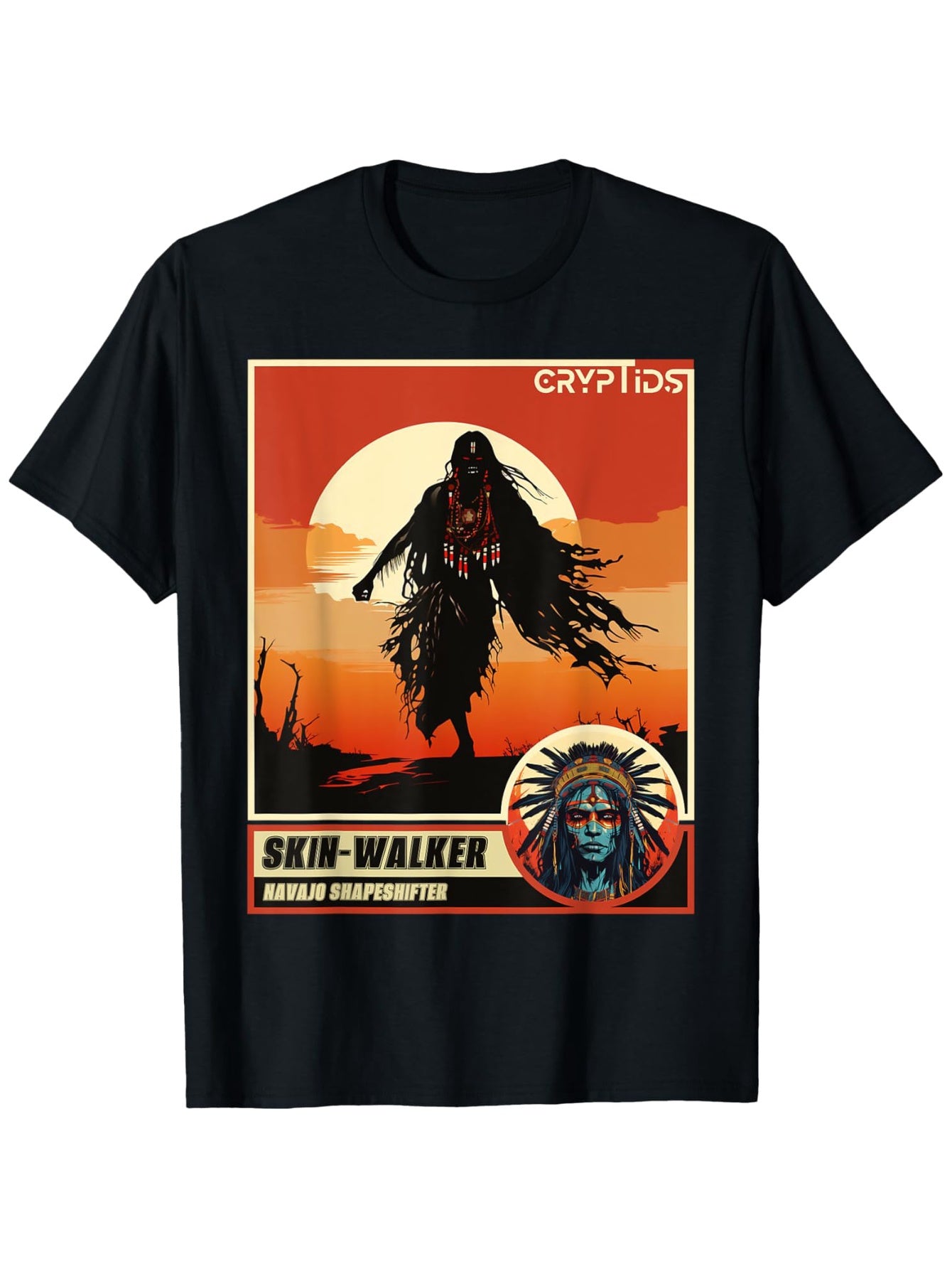 Native American Cryptid Skinwalker T-Shirt - 180g 100% Cotton Men's Graphic Tee with Vibrant Sunset Desert Print, Tribal Headdress Design & Bold Cryptid Text, Machine Washable Crew Neck Casual Shirt for Summer (S-XXXL), Stree