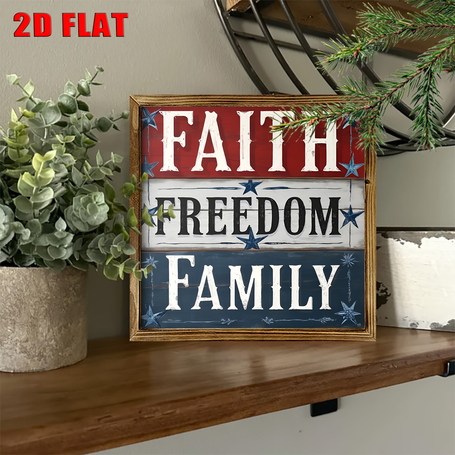 [2D FLAT]8x8 Inch Rustic Wood Wall Art Sign - Farmhouse Style Faith Freedom Family Decor with Distressed White Background & Red/Blue Stars, No Electricity Needed, Easy Wall-Mounted for Kitchen Bathroom Living Room Entryway, H